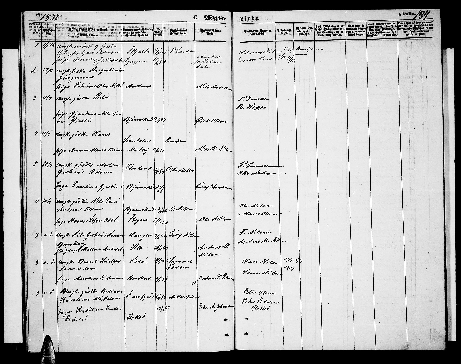 Ministerialprotokoller, klokkerbøker og fødselsregistre - Nordland, SAT/A-1459/898/L1426: Parish register (copy) no. 898C01, 1869-1886, p. 134
