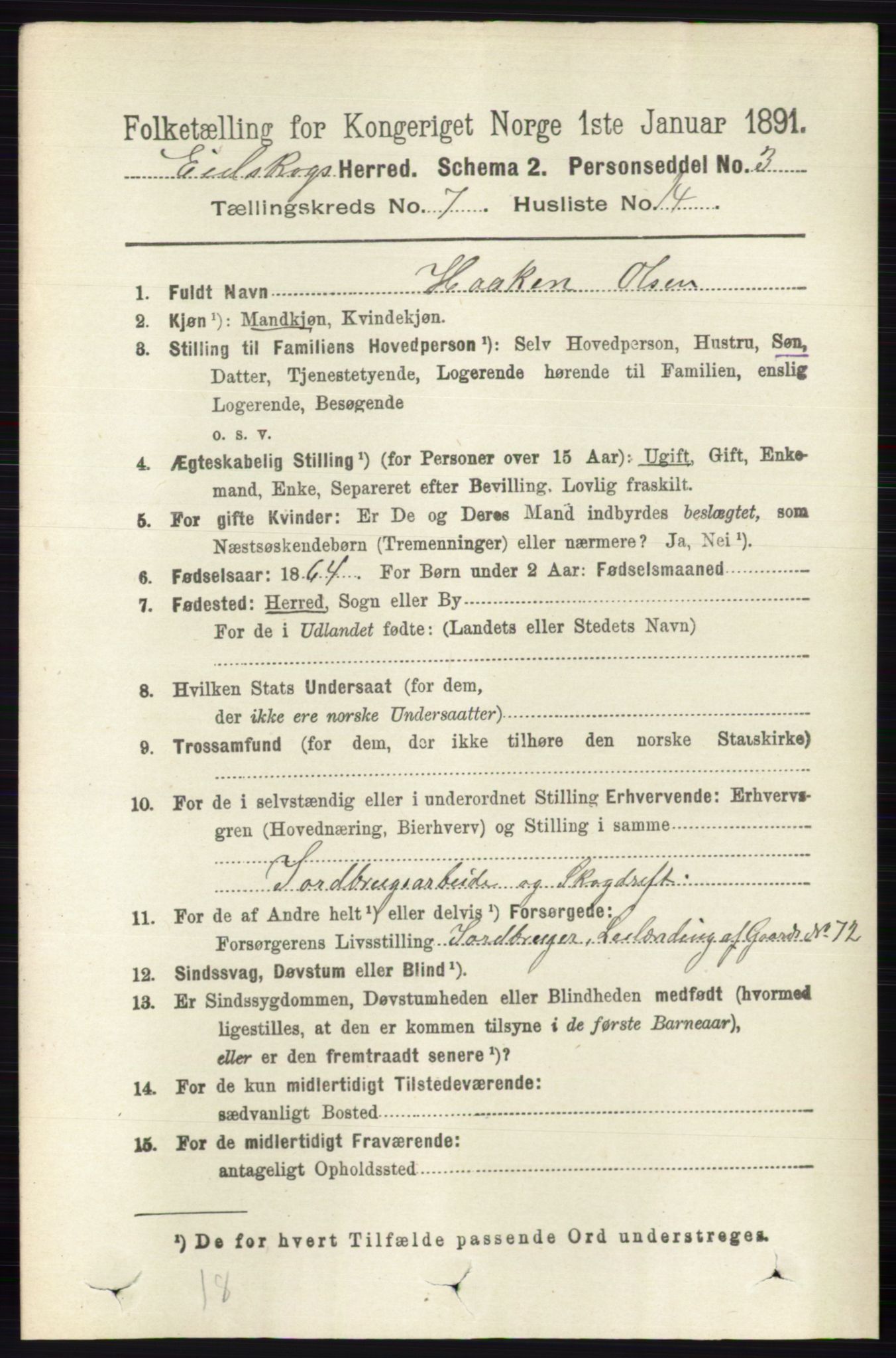 RA, 1891 census for 0420 Eidskog, 1891, p. 3760