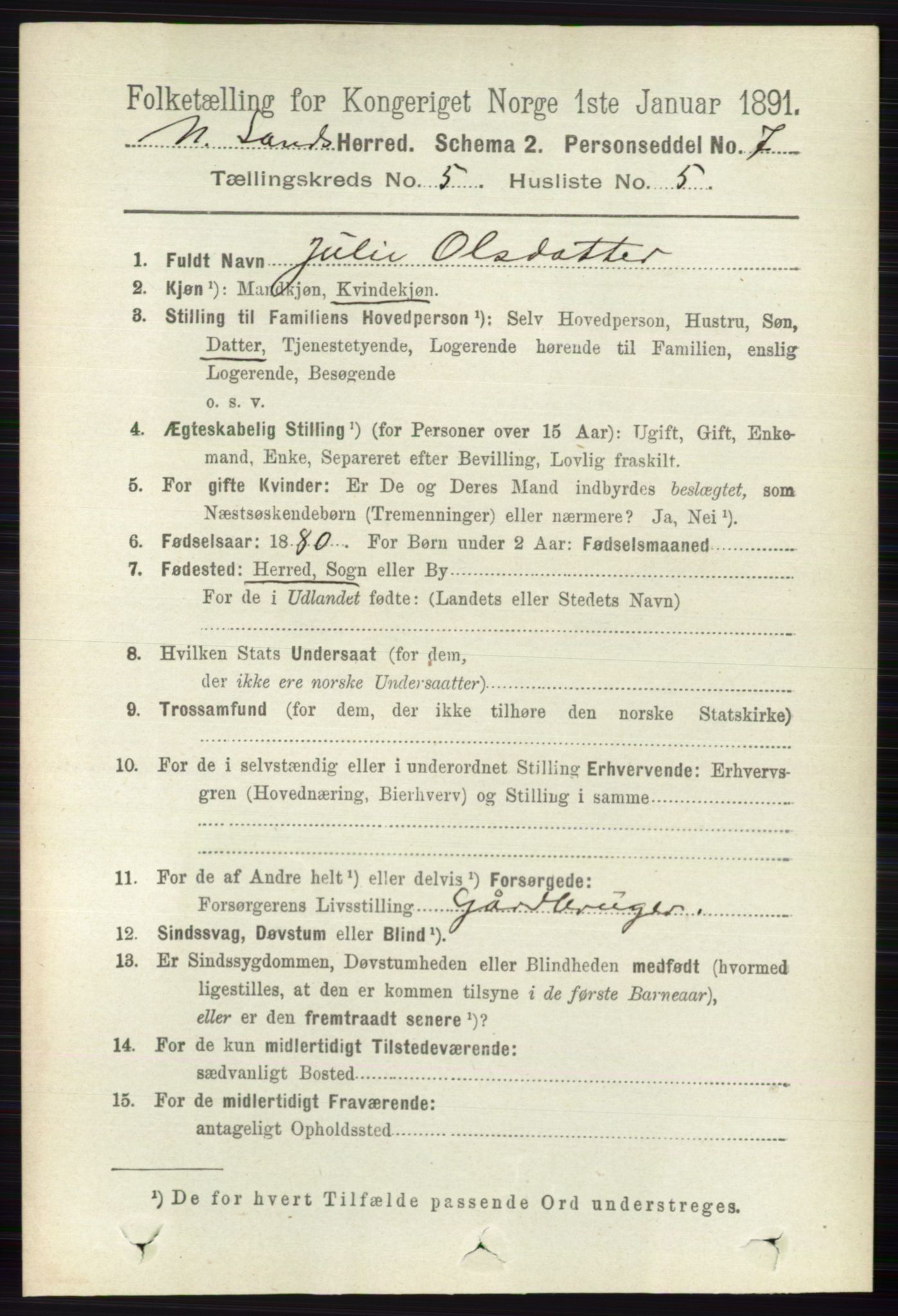 RA, 1891 census for 0538 Nordre Land, 1891, p. 1579