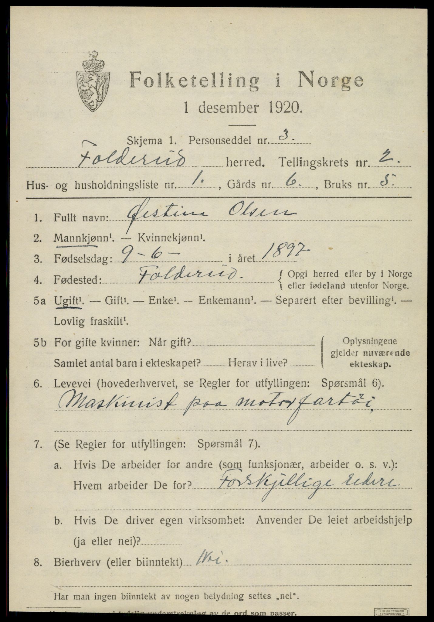 SAT, 1920 census for Foldereid, 1920, p. 692