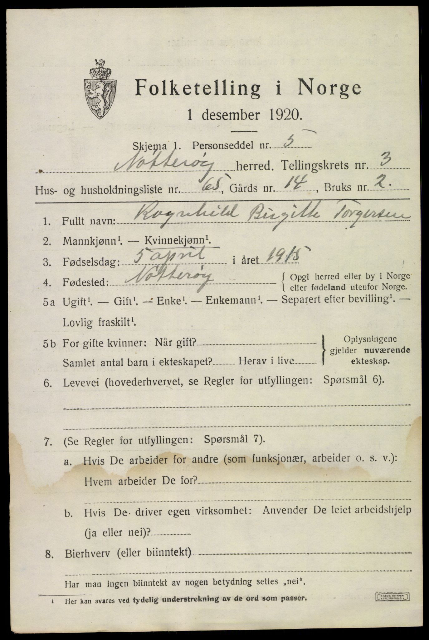 SAKO, 1920 census for Nøtterøy, 1920, p. 6245