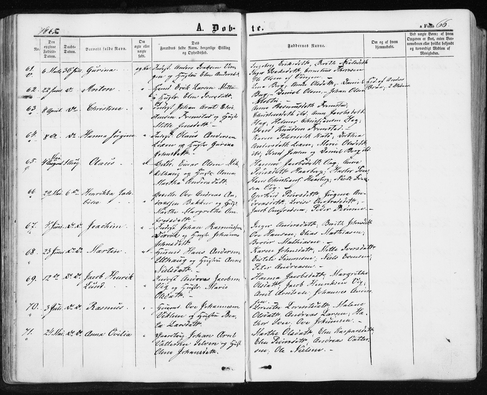 Ministerialprotokoller, klokkerbøker og fødselsregistre - Sør-Trøndelag, AV/SAT-A-1456/659/L0737: Parish register (official) no. 659A07, 1857-1875, p. 66