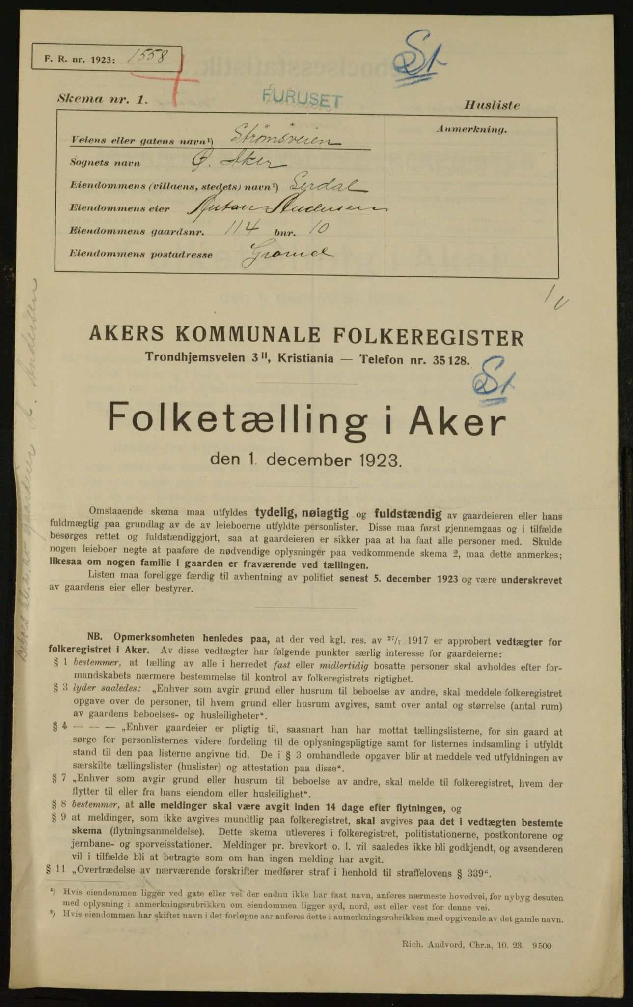 , Municipal Census 1923 for Aker, 1923, p. 32328