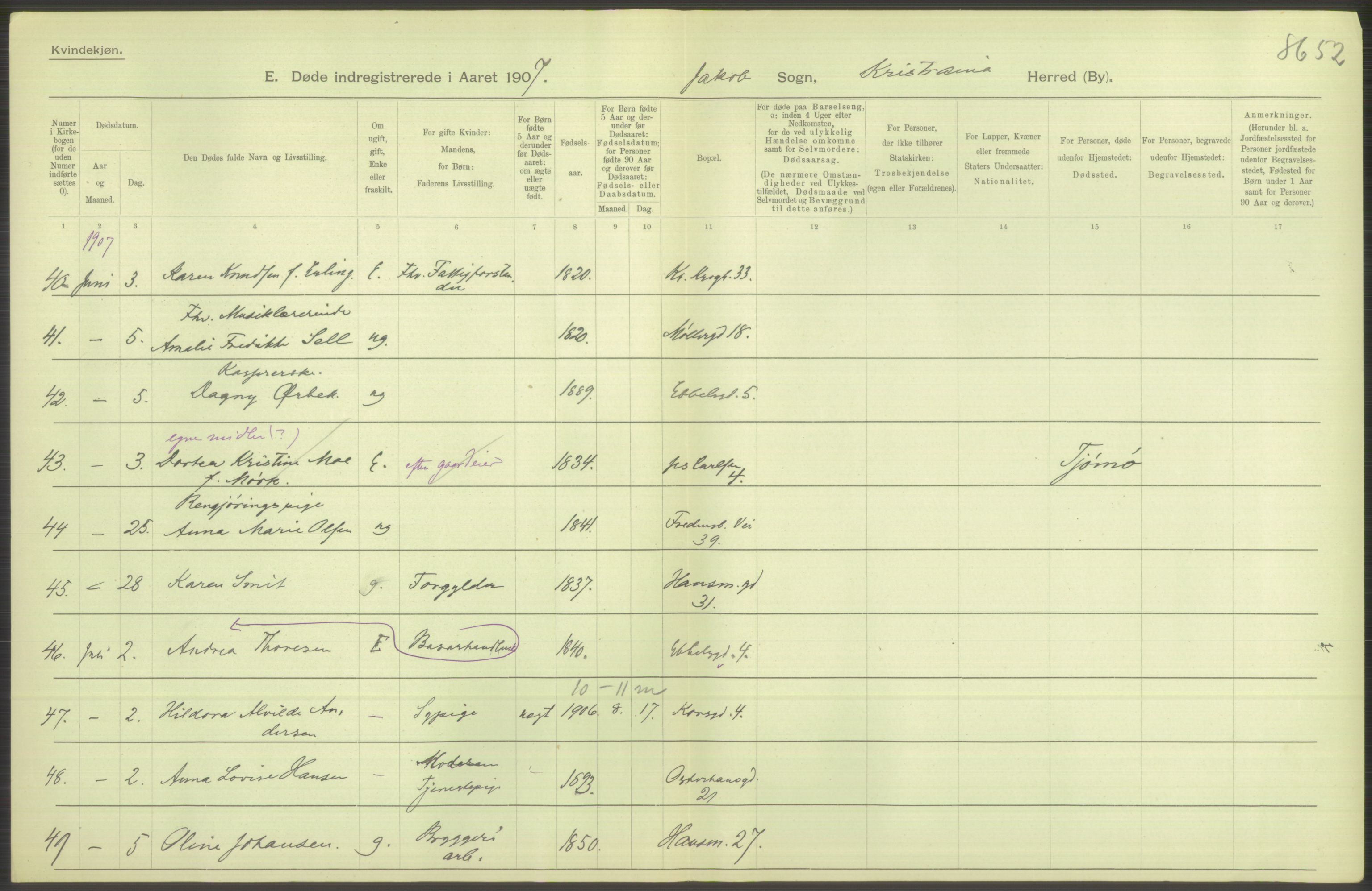 Statistisk sentralbyrå, Sosiodemografiske emner, Befolkning, RA/S-2228/D/Df/Dfa/Dfae/L0009: Kristiania: Døde, 1907, p. 416