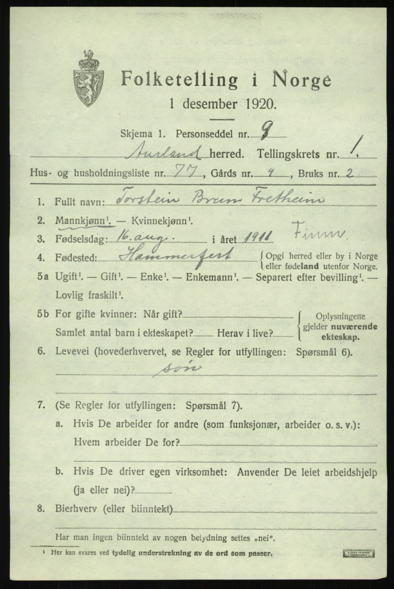 SAB, 1920 census for Aurland, 1920, p. 1830