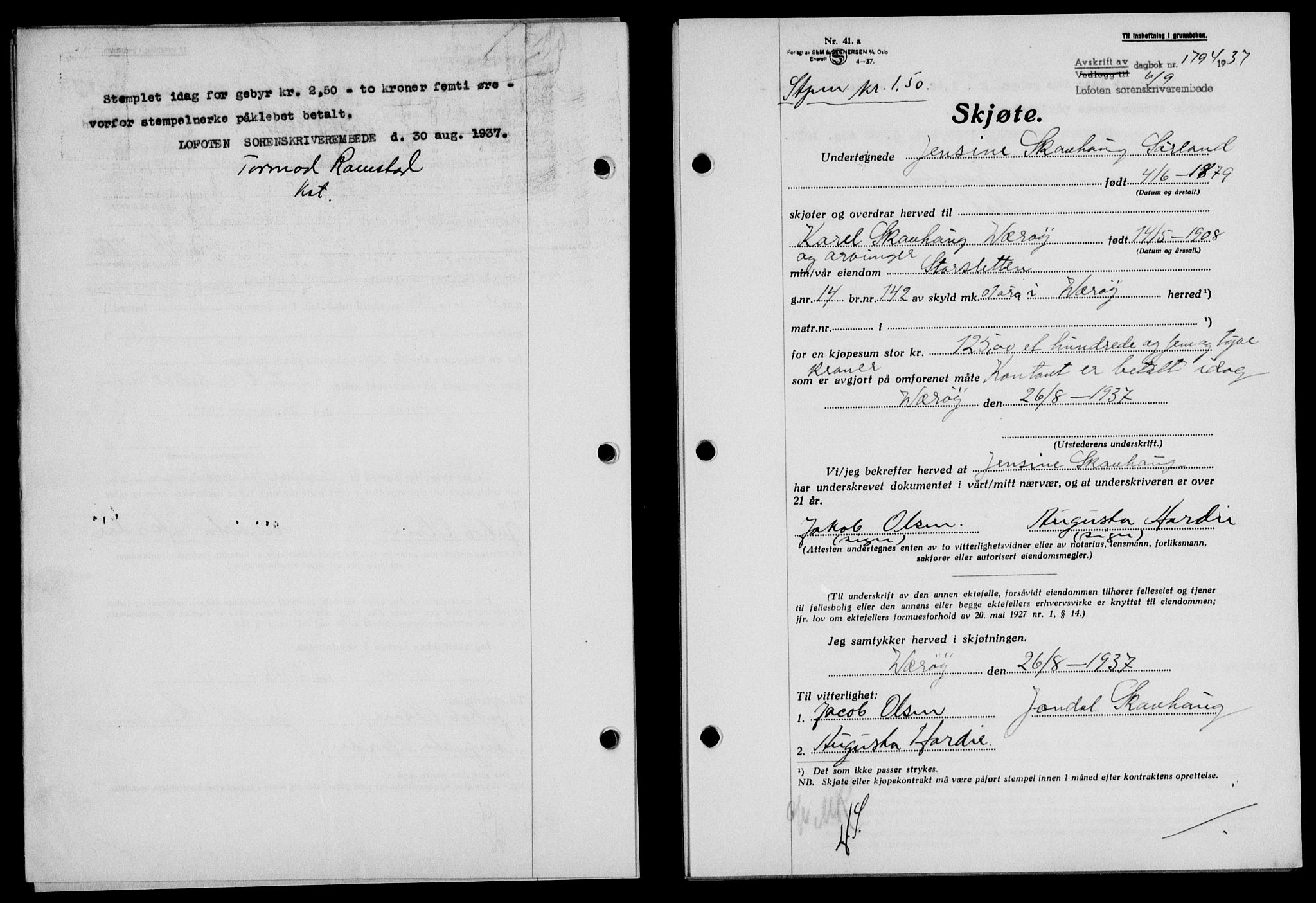 Lofoten sorenskriveri, SAT/A-0017/1/2/2C/L0002a: Mortgage book no. 2a, 1937-1937, Diary no: : 1794/1937