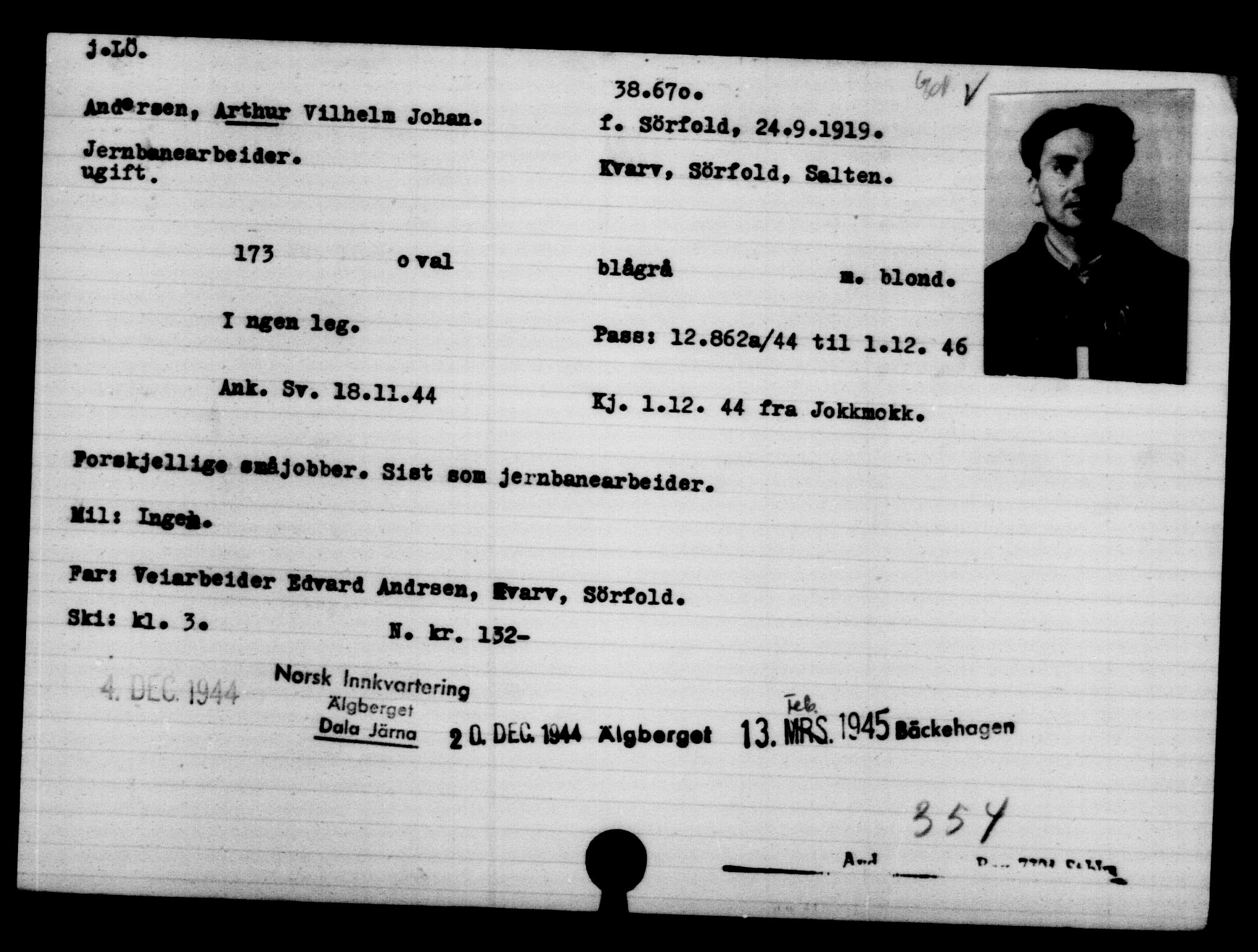 Utenriksstasjonene, Legasjonen i Stockholm, Flyktningkontoret, AV/RA-S-6753/V/Va/L0015: Kjesäterkartoteket, flyktninger med registreringsnr. 37800-40770, 1940-1945, p. 894