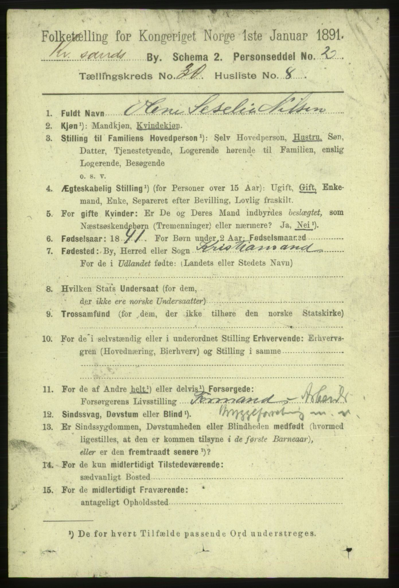 RA, 1891 census for 1001 Kristiansand, 1891, p. 9712