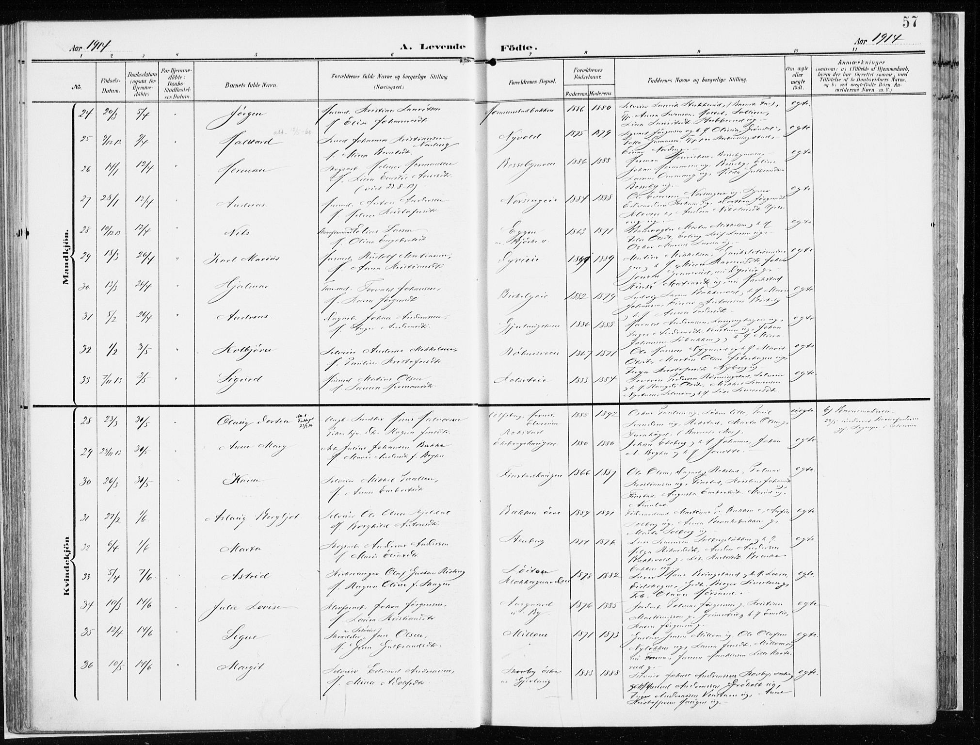 Løten prestekontor, AV/SAH-PREST-022/K/Ka/L0011: Parish register (official) no. 11, 1908-1917, p. 57