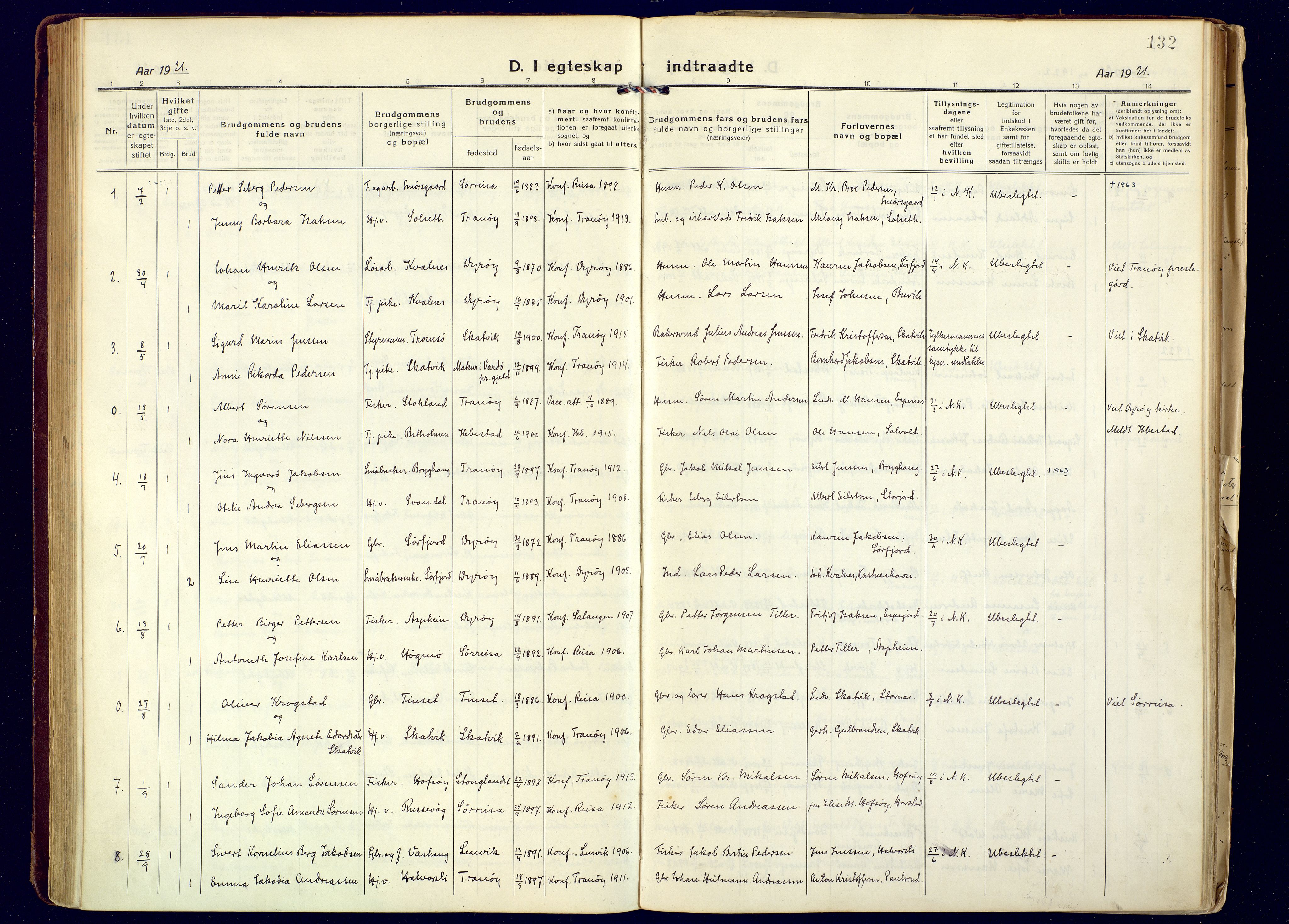 Tranøy sokneprestkontor, AV/SATØ-S-1313/I/Ia/Iaa/L0016kirke: Parish register (official) no. 16, 1919-1932, p. 132