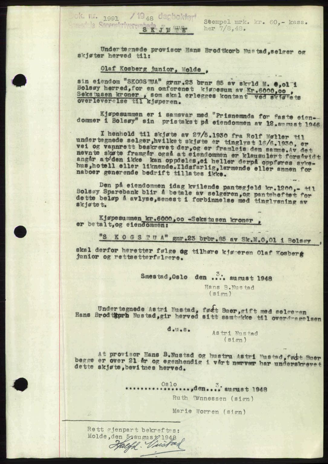 Romsdal sorenskriveri, AV/SAT-A-4149/1/2/2C: Mortgage book no. A26, 1948-1948, Diary no: : 1991/1948