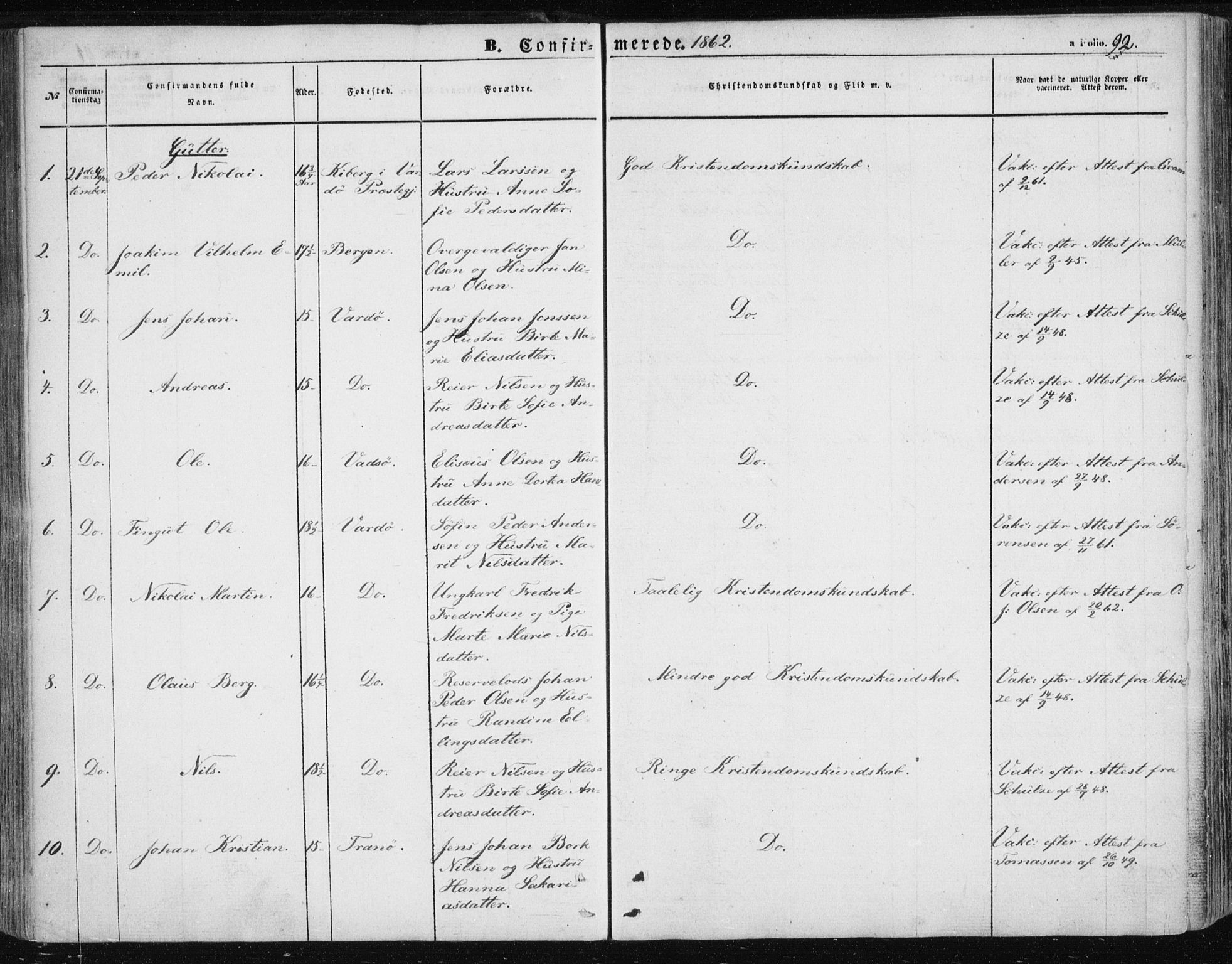 Vardø sokneprestkontor, SATØ/S-1332/H/Ha/L0004kirke: Parish register (official) no. 4, 1862-1871, p. 92