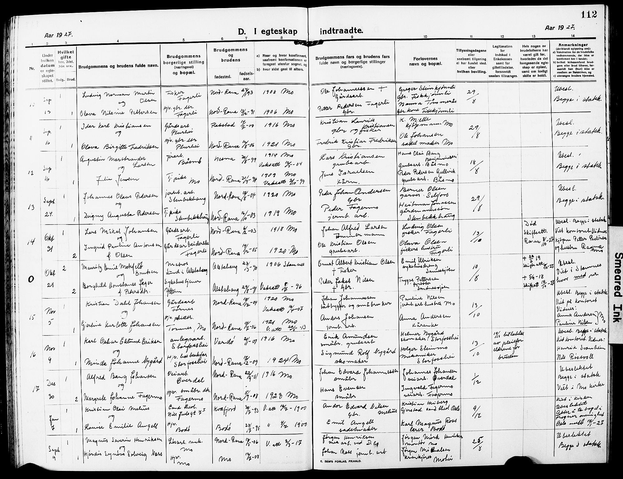 Ministerialprotokoller, klokkerbøker og fødselsregistre - Nordland, AV/SAT-A-1459/827/L0424: Parish register (copy) no. 827C13, 1921-1930, p. 112