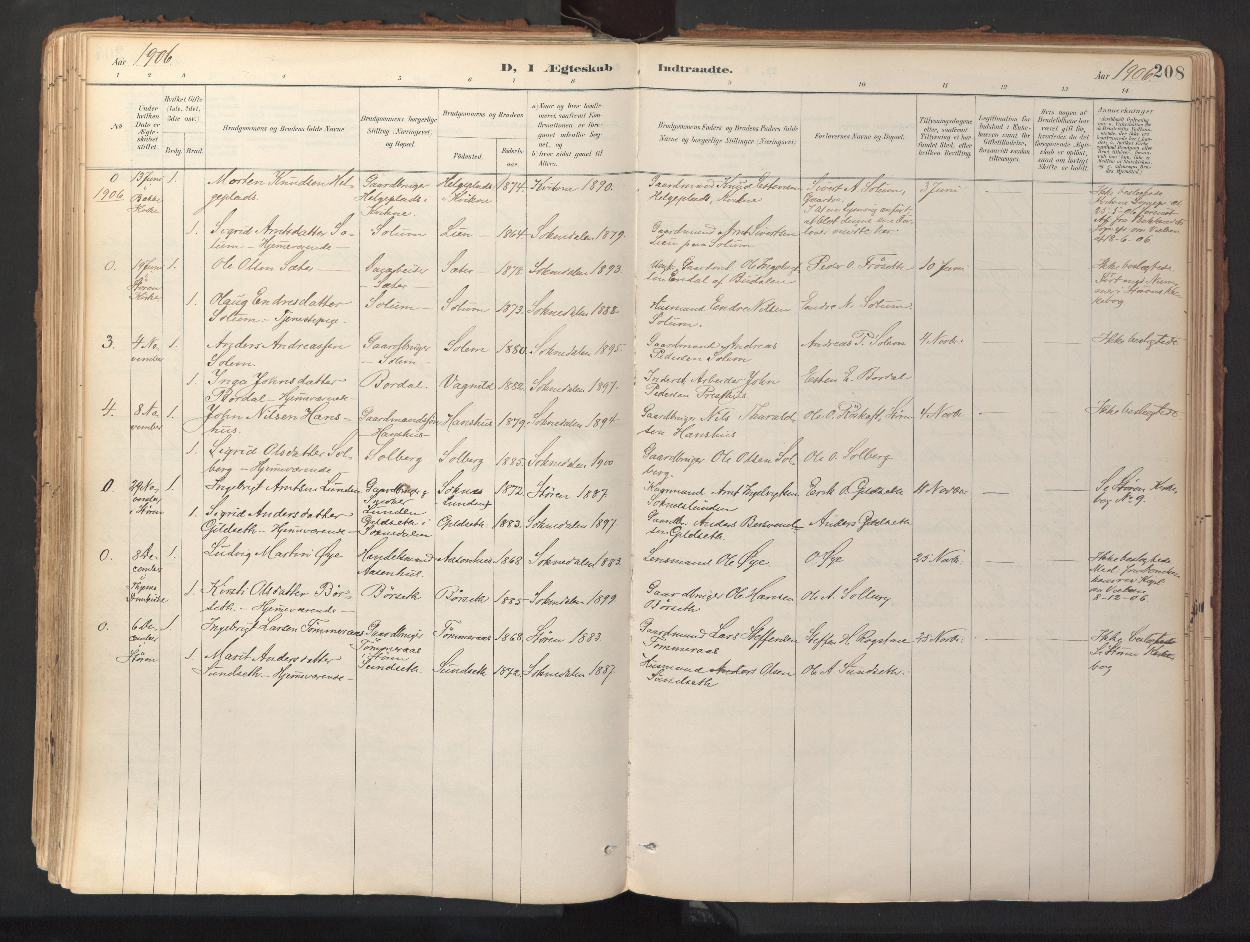 Ministerialprotokoller, klokkerbøker og fødselsregistre - Sør-Trøndelag, SAT/A-1456/689/L1041: Parish register (official) no. 689A06, 1891-1923, p. 208