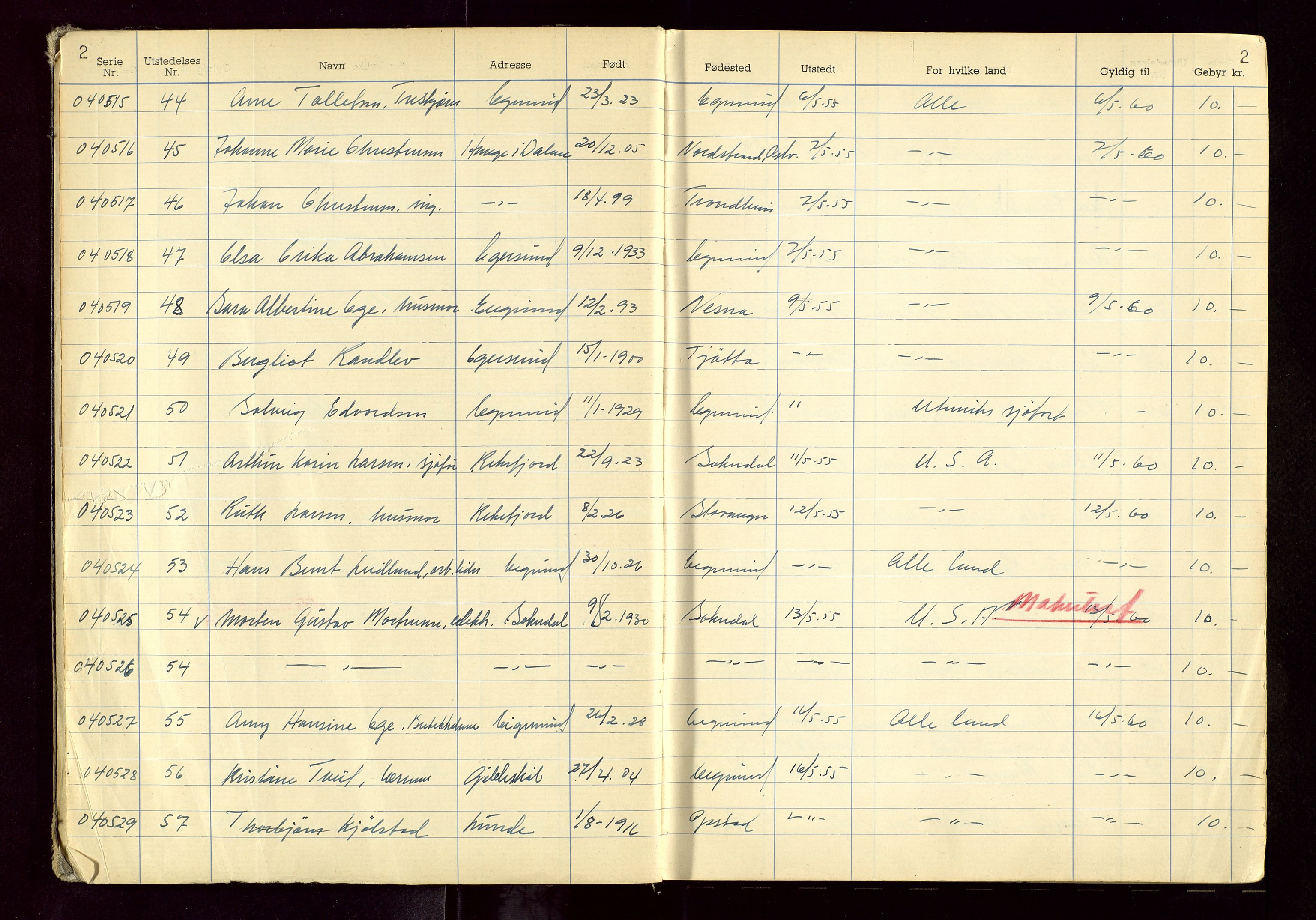 Eigersund politistasjon, AV/SAST-A-100445/K/L0001: Passjournal, 1955-1967, p. 2