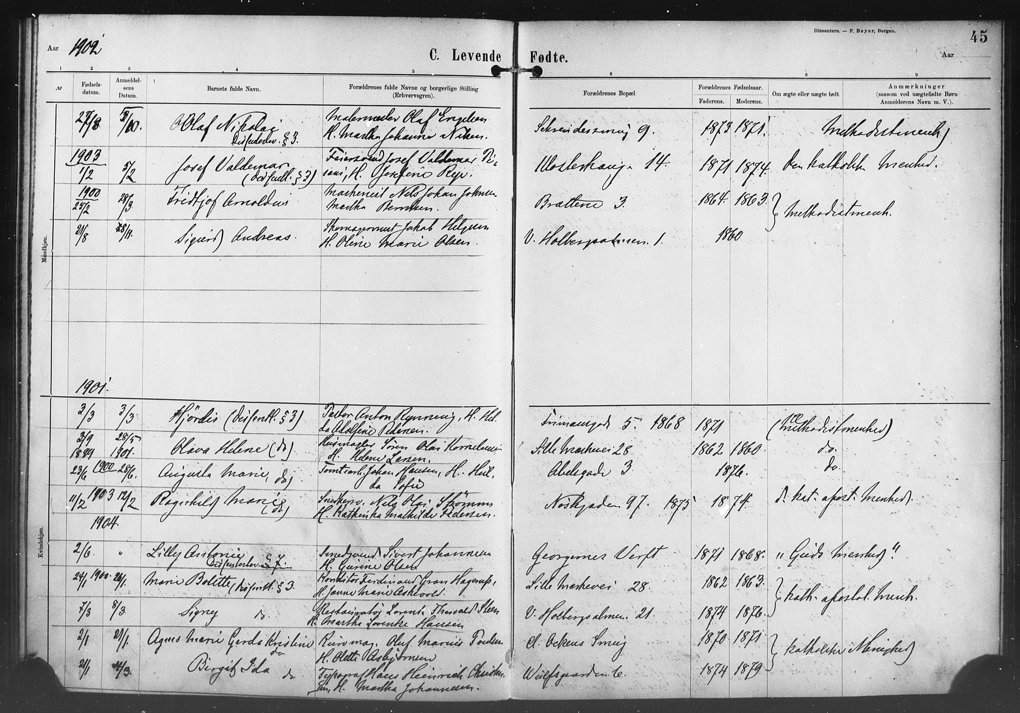 Nykirken Sokneprestembete, AV/SAB-A-77101/H/Haa/L0054: Parish register (official) no. H 3, 1897-1943, p. 45