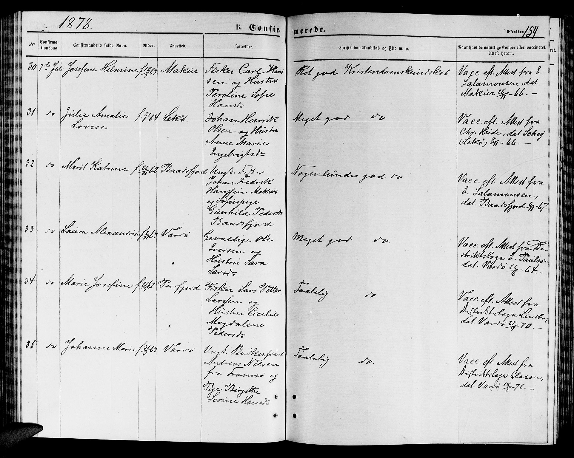 Vardø sokneprestkontor, AV/SATØ-S-1332/H/Hb/L0003klokker: Parish register (copy) no. 3, 1871-1878, p. 154