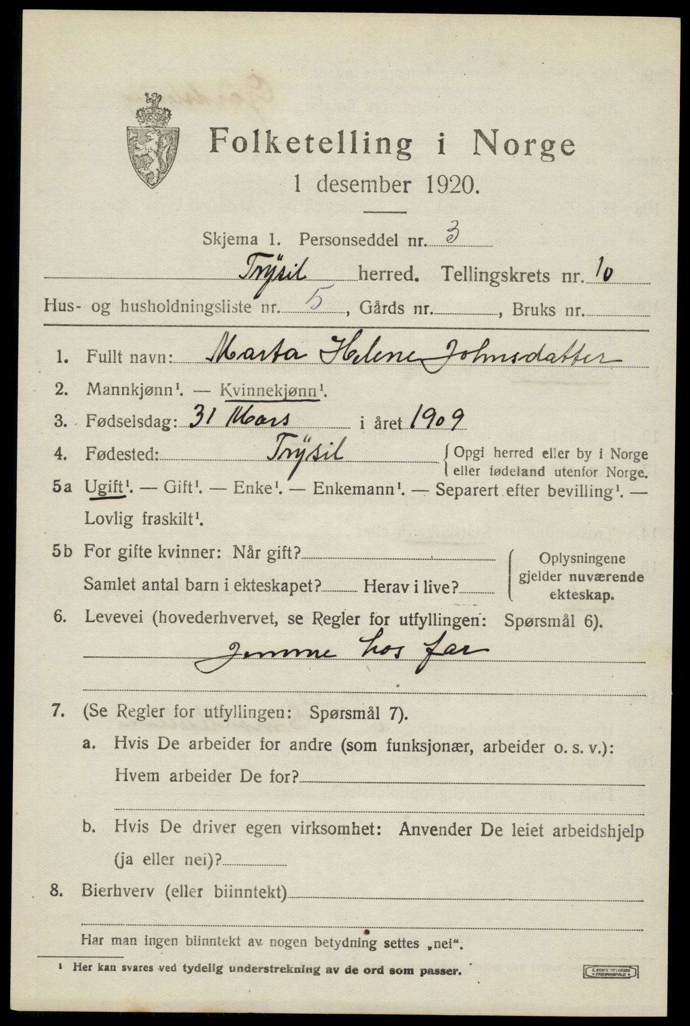 SAH, 1920 census for Trysil, 1920, p. 6915