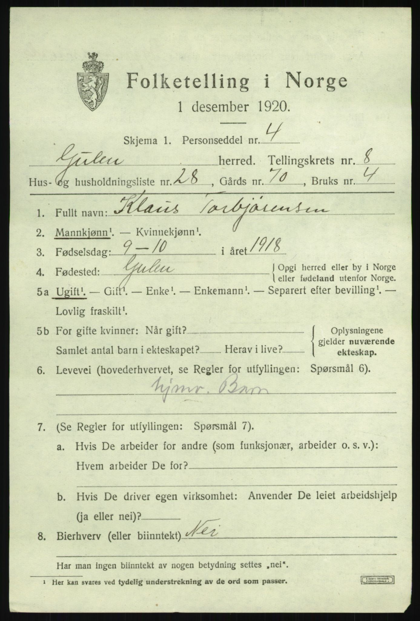 SAB, 1920 census for Gulen, 1920, p. 3875