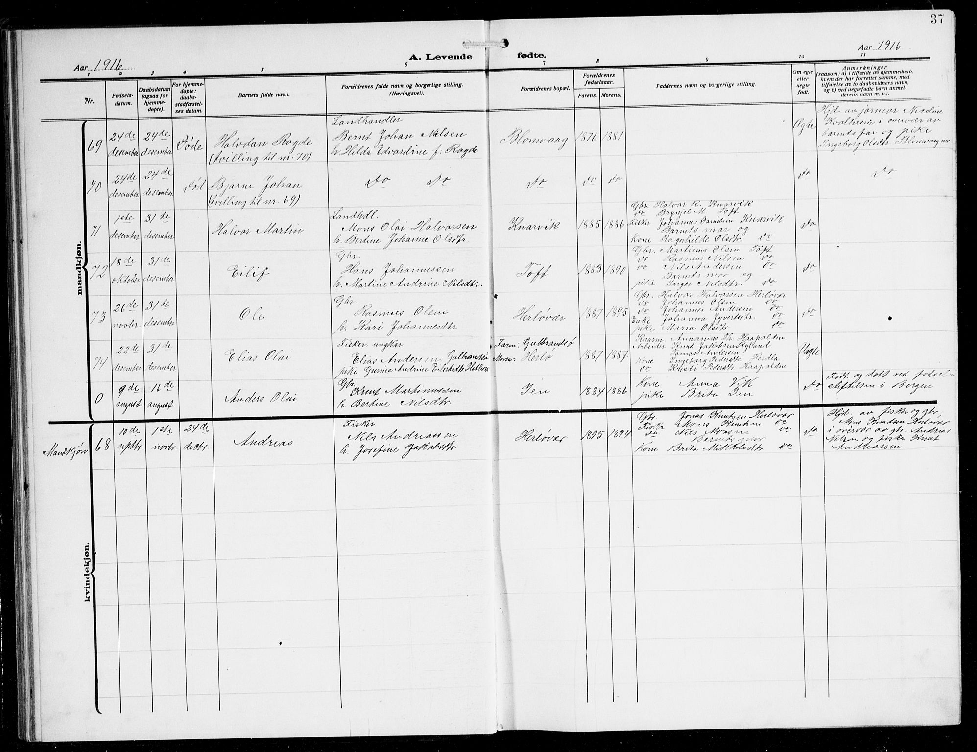 Herdla Sokneprestembete, AV/SAB-A-75701/H/Hab: Parish register (copy) no. C 2, 1913-1926, p. 37