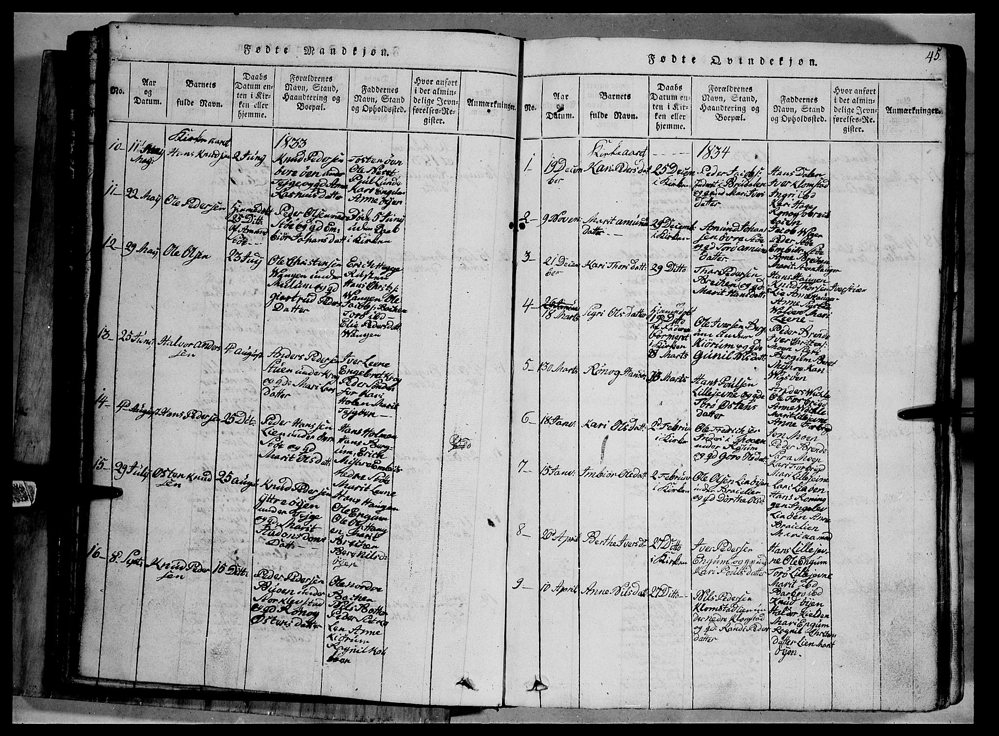 Fron prestekontor, SAH/PREST-078/H/Ha/Hab/L0002: Parish register (copy) no. 2, 1816-1850, p. 45
