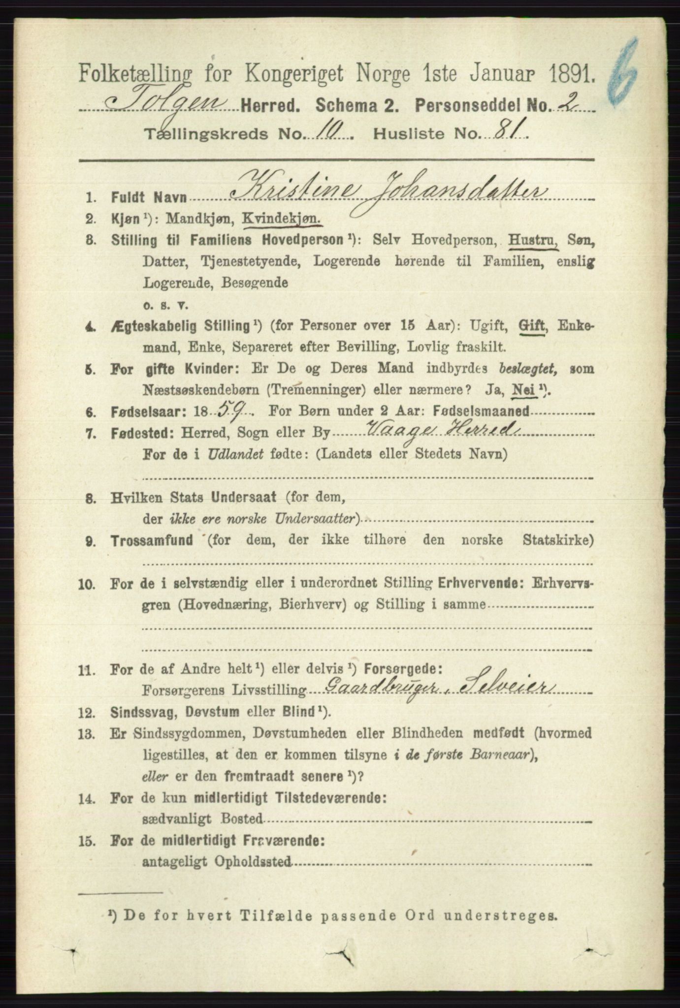 RA, 1891 census for 0436 Tolga, 1891, p. 3133