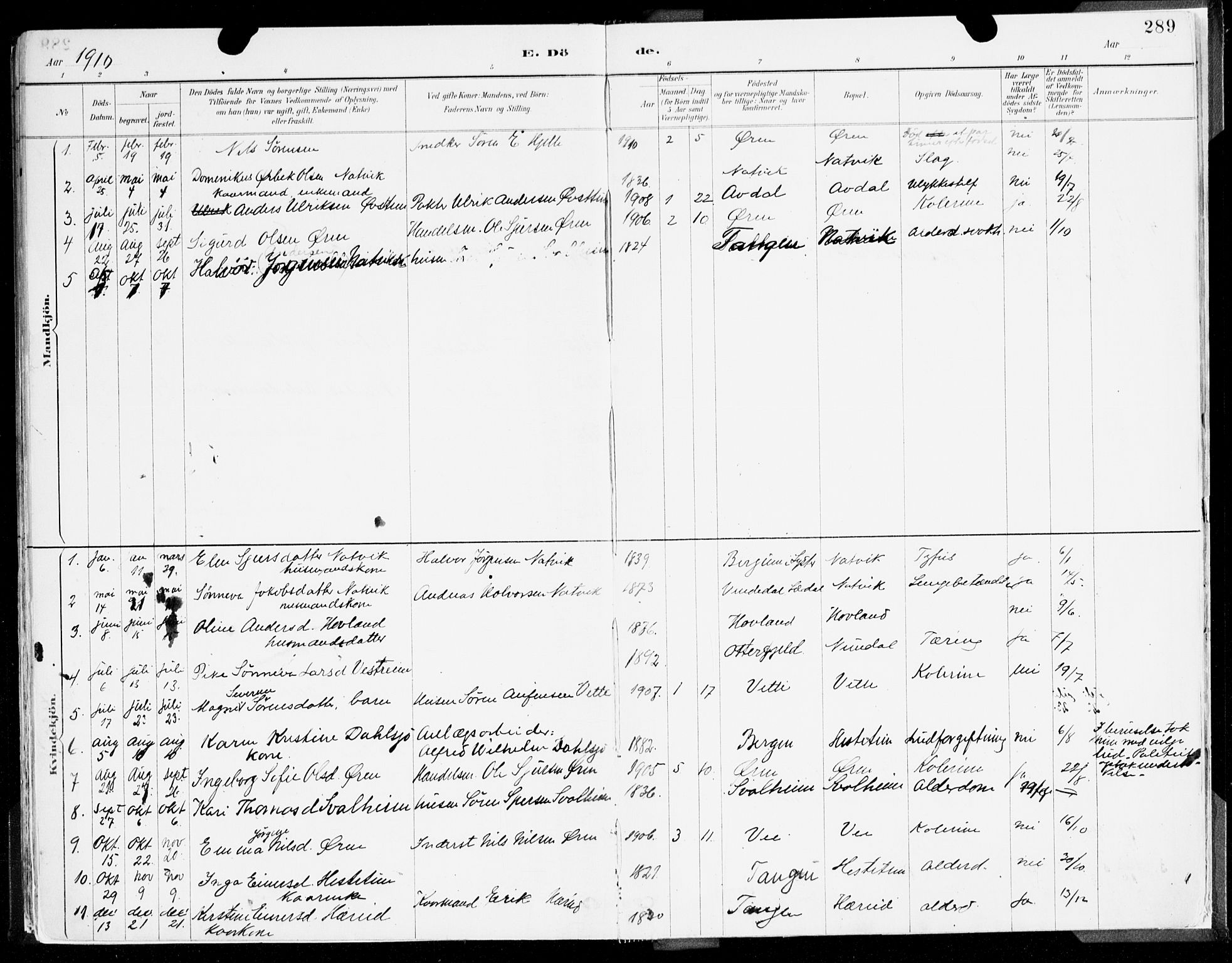 Årdal sokneprestembete, AV/SAB-A-81701: Parish register (official) no. A 5, 1887-1917, p. 289