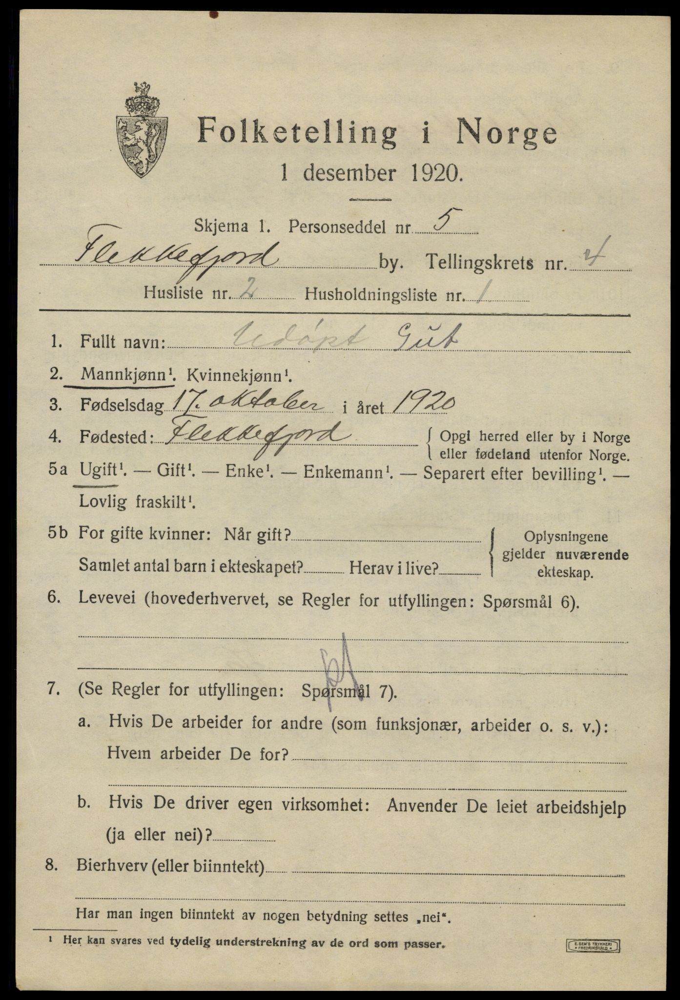 SAK, 1920 census for Flekkefjord, 1920, p. 4458