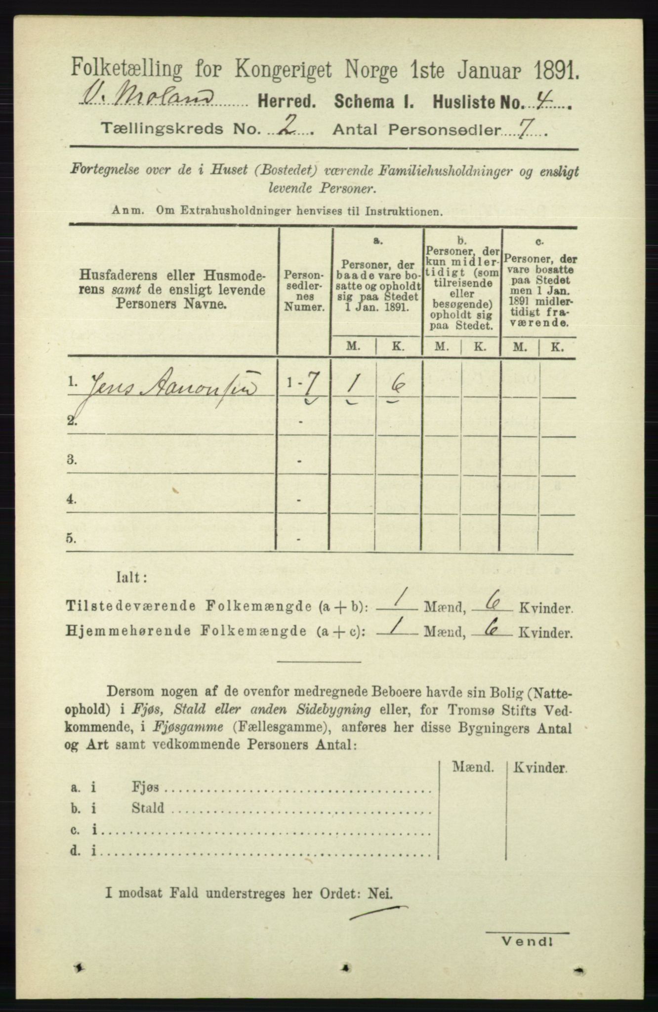 RA, 1891 census for 0926 Vestre Moland, 1891, p. 571