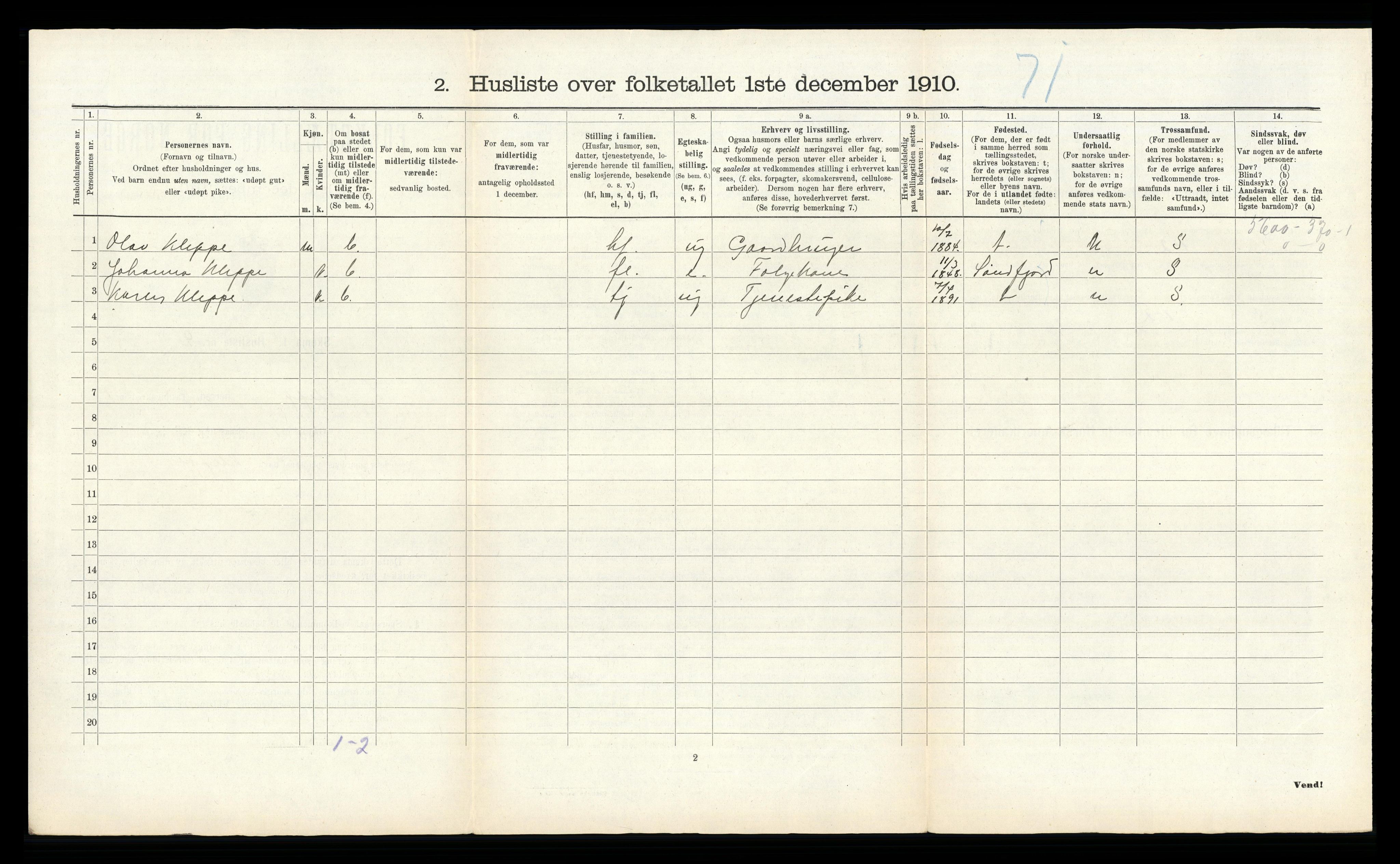 RA, 1910 census for Klepp, 1910, p. 46