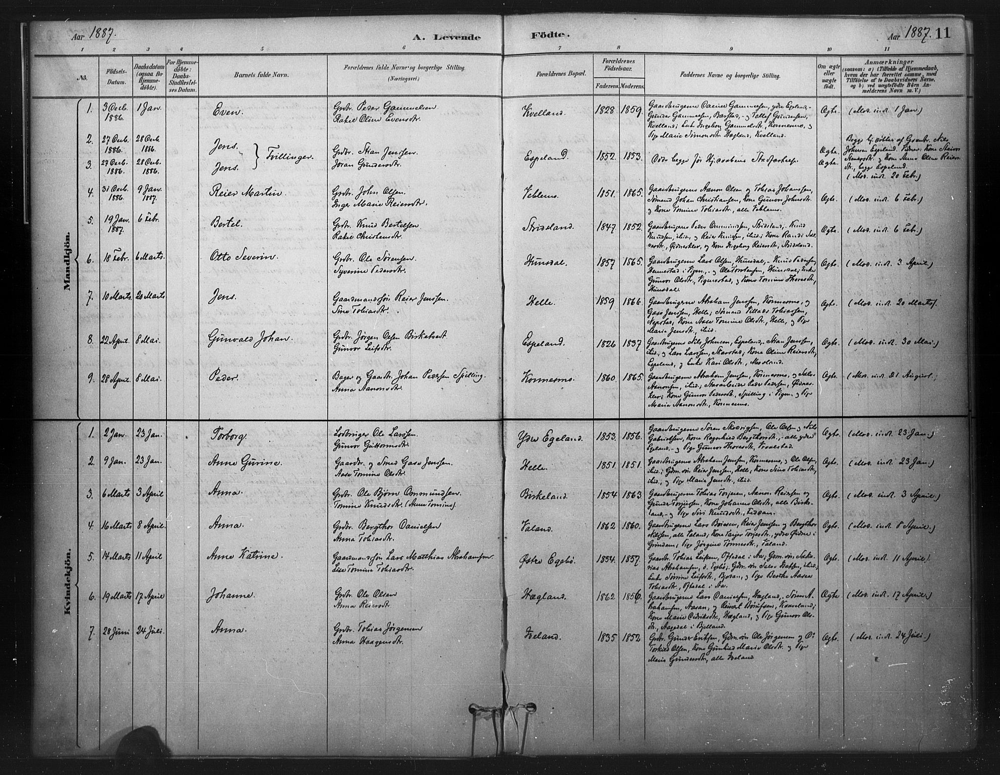 Nord-Audnedal sokneprestkontor, SAK/1111-0032/F/Fa/Faa/L0003: Parish register (official) no. A 3, 1882-1900, p. 11