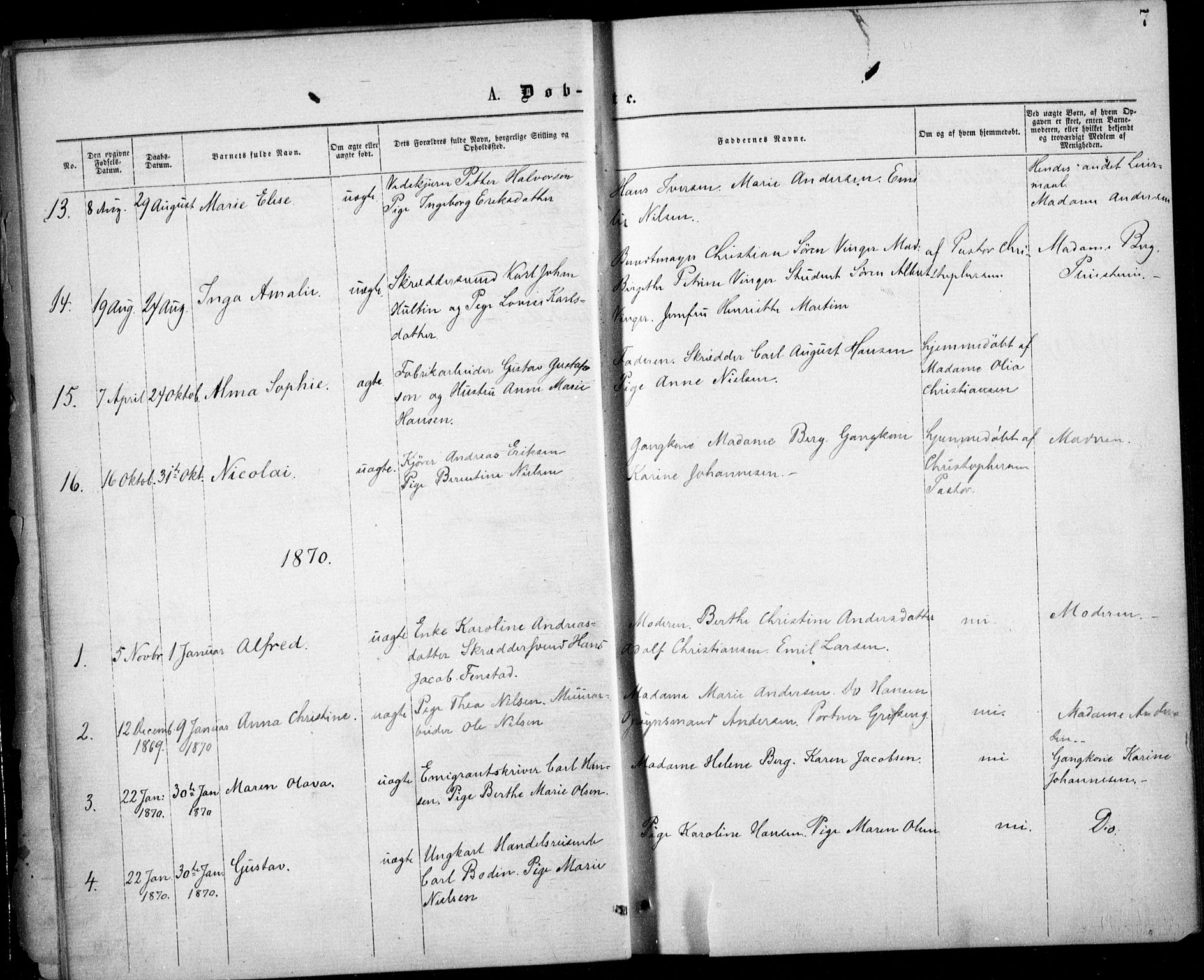 Krohgstøtten sykehusprest Kirkebøker, SAO/A-10854/F/Fa/L0001: Parish register (official) no. 1, 1865-1873, p. 7