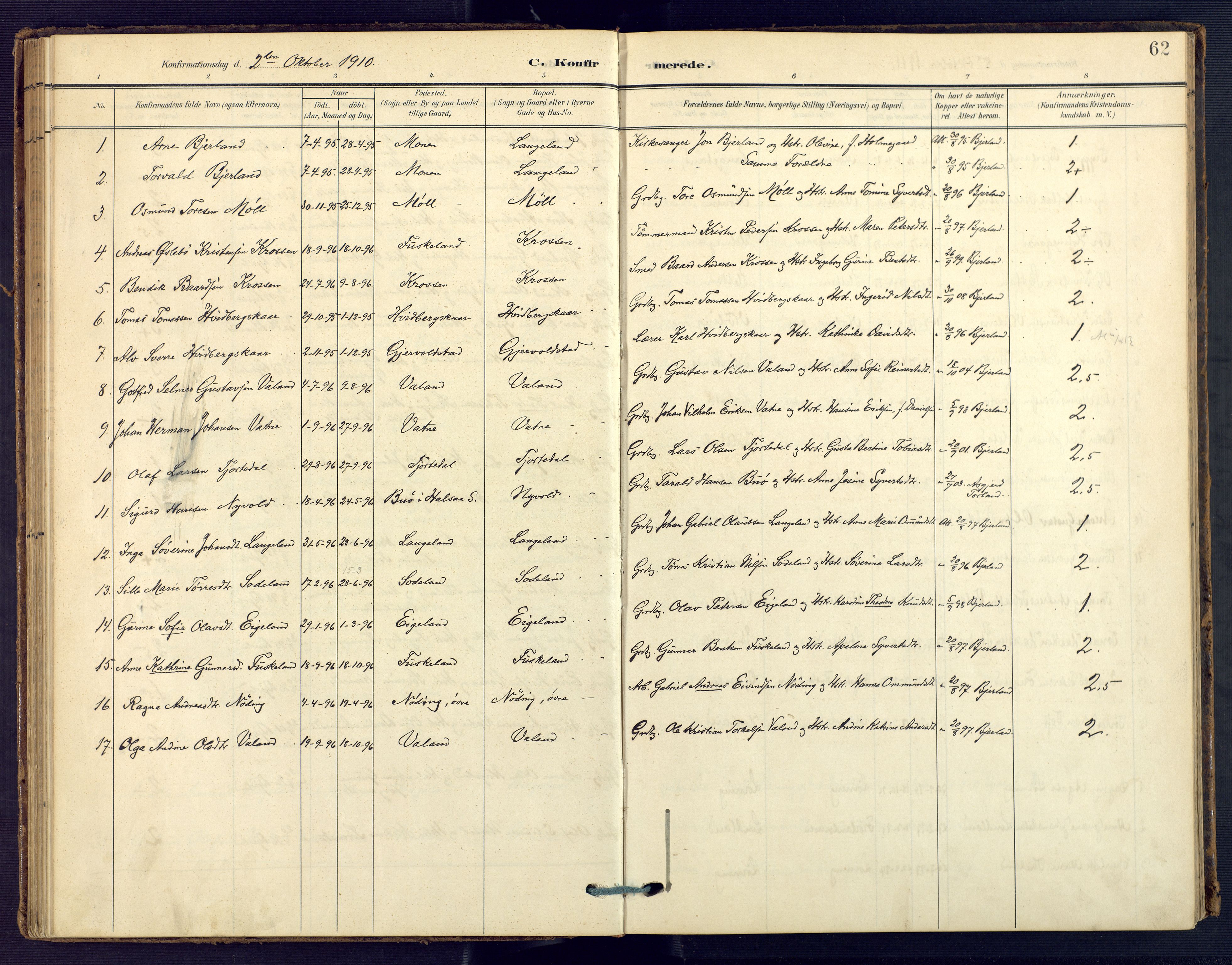 Holum sokneprestkontor, AV/SAK-1111-0022/F/Fa/Faa/L0008: Parish register (official) no. A 8, 1908-1929, p. 62