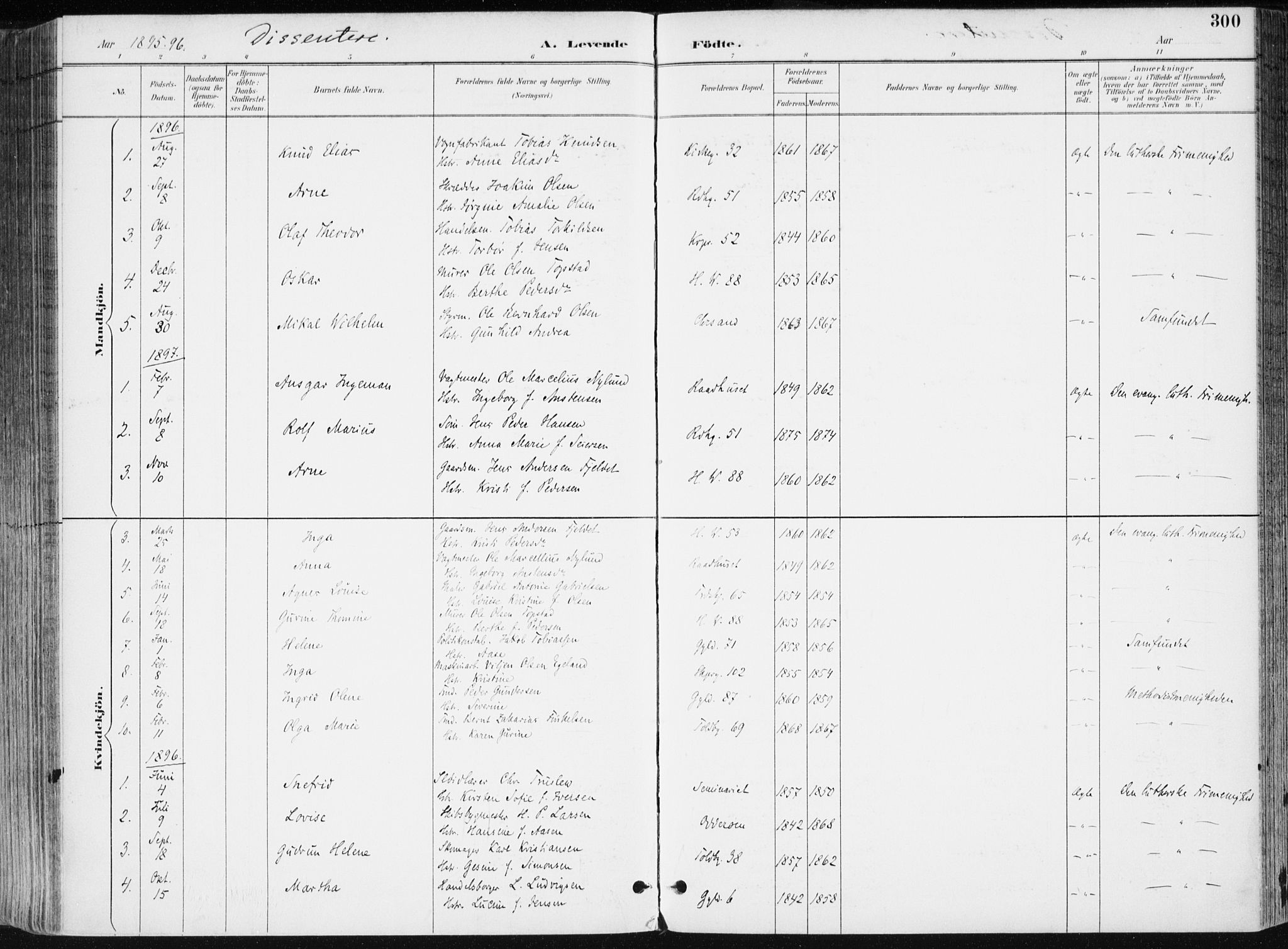 Kristiansand domprosti, AV/SAK-1112-0006/F/Fa/L0019: Parish register (official) no. A 18, 1890-1897, p. 300