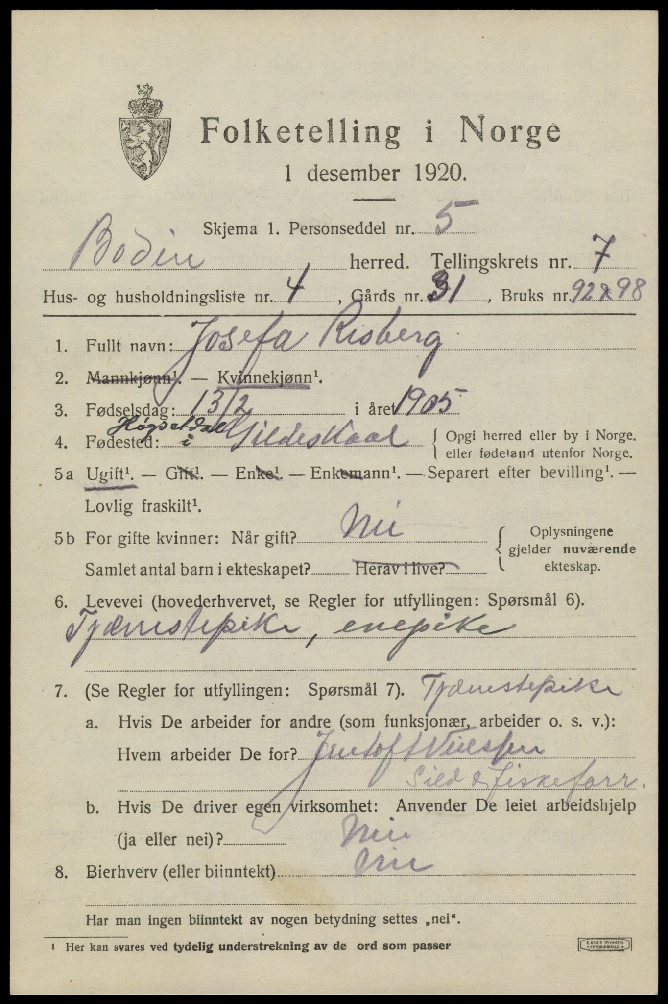 SAT, 1920 census for Bodin, 1920, p. 4868