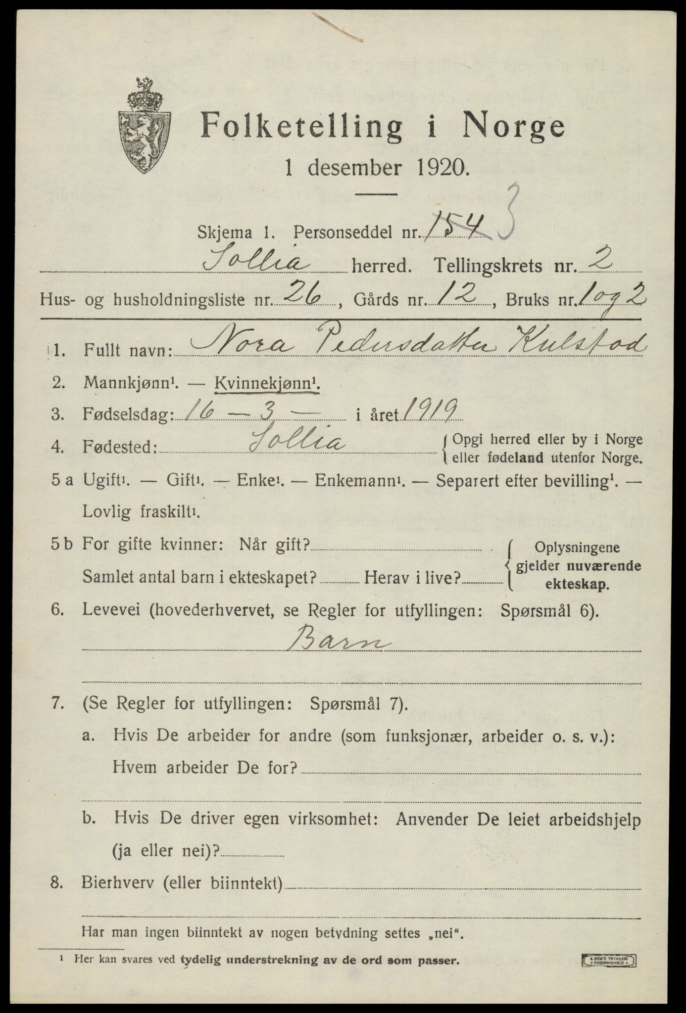 SAH, 1920 census for Sollia, 1920, p. 607