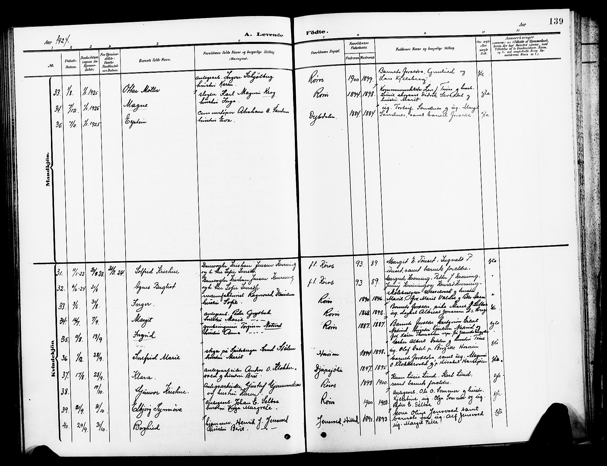 Ministerialprotokoller, klokkerbøker og fødselsregistre - Sør-Trøndelag, AV/SAT-A-1456/681/L0942: Parish register (copy) no. 681C06, 1906-1925, p. 139