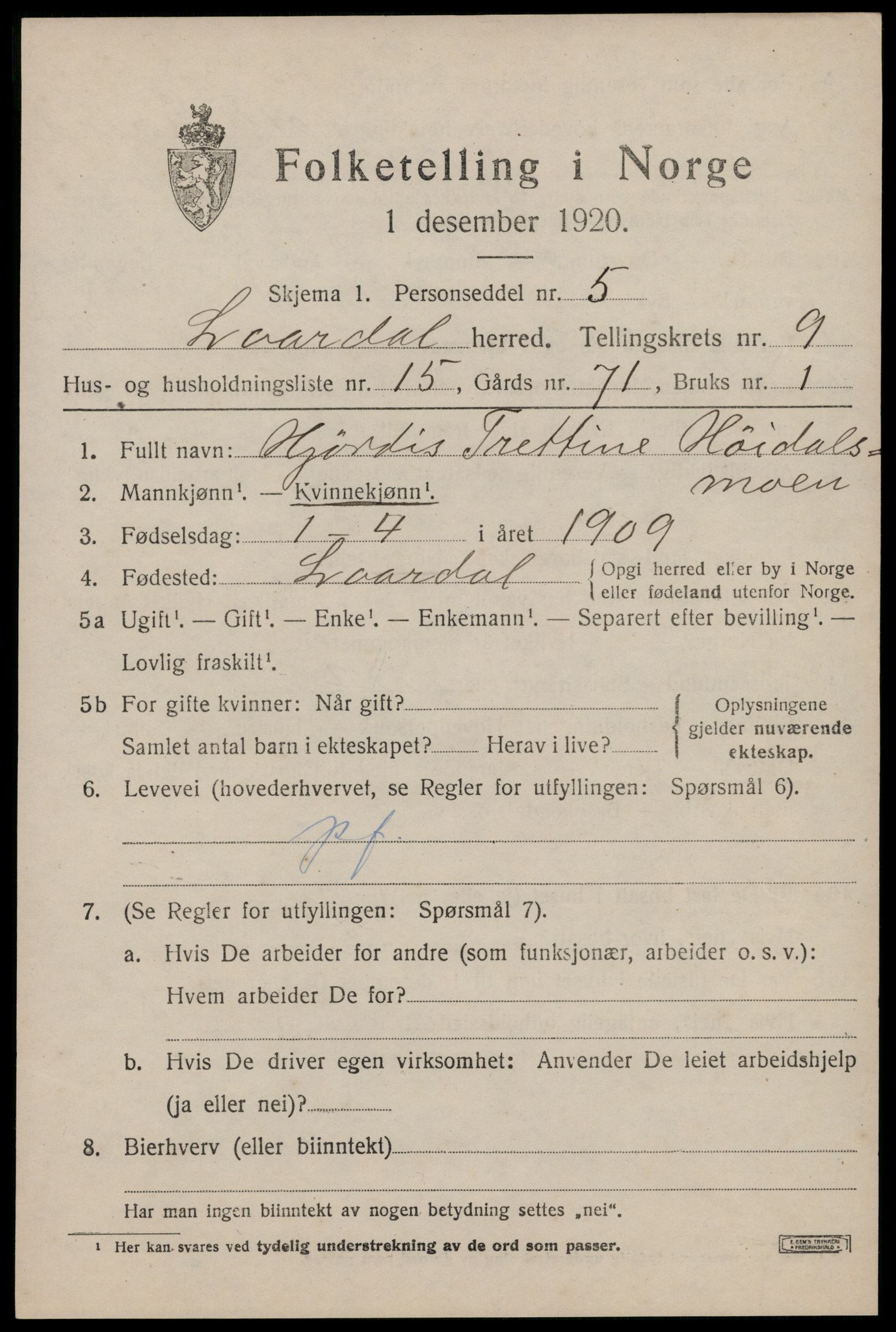 SAKO, 1920 census for Lårdal, 1920, p. 3303