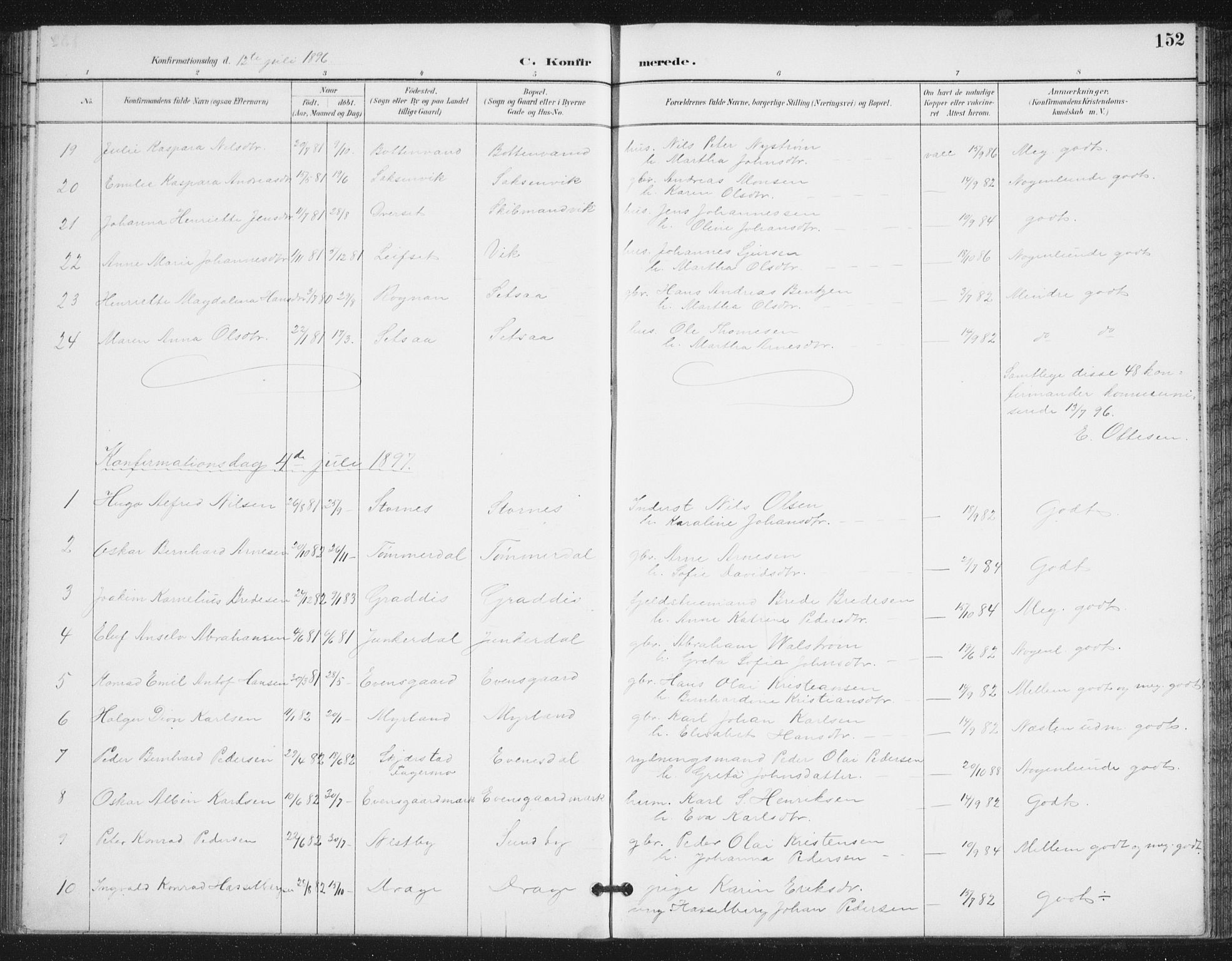 Ministerialprotokoller, klokkerbøker og fødselsregistre - Nordland, SAT/A-1459/847/L0682: Parish register (copy) no. 847C10, 1889-1907, p. 152