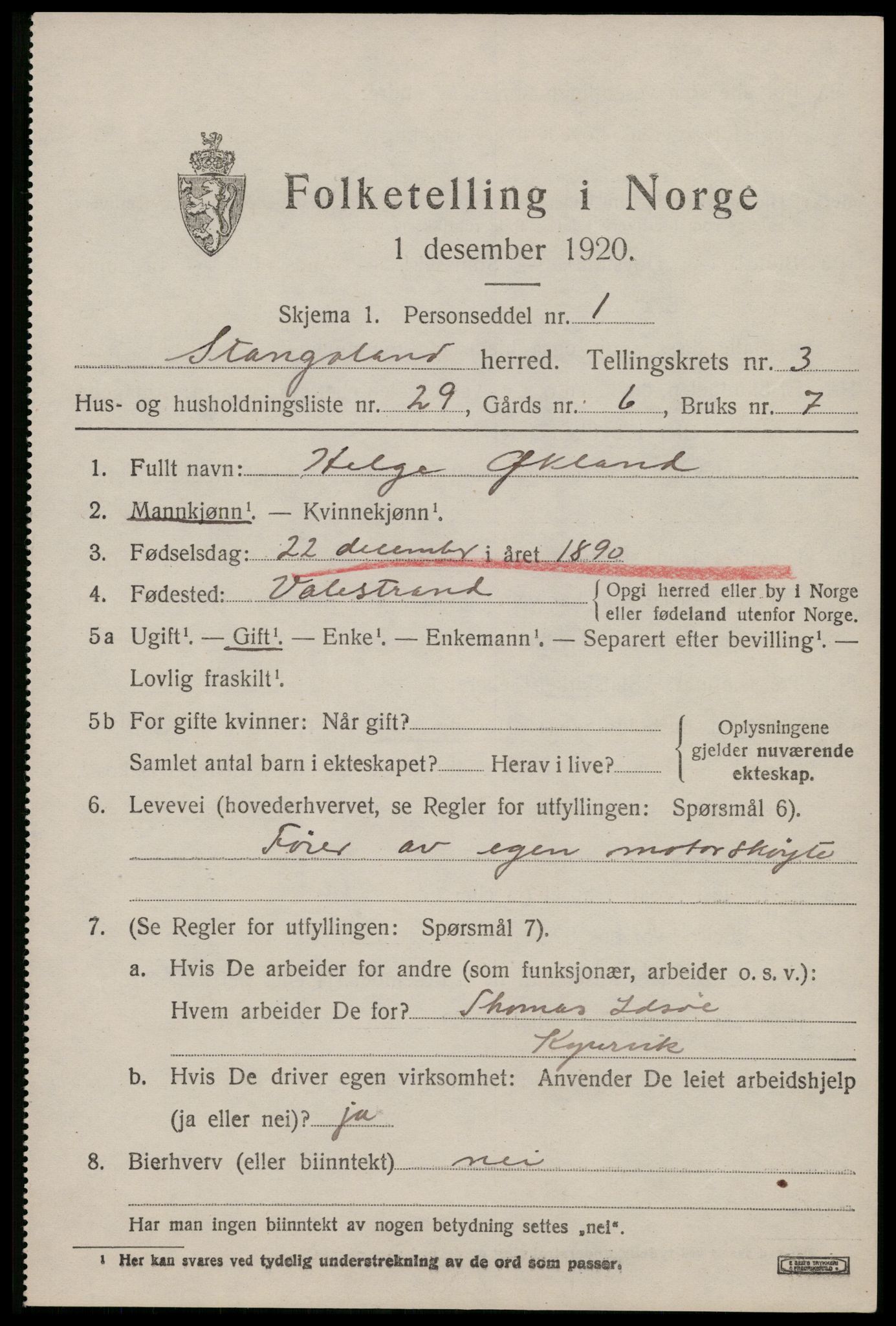 SAST, 1920 census for Stangaland, 1920, p. 2589