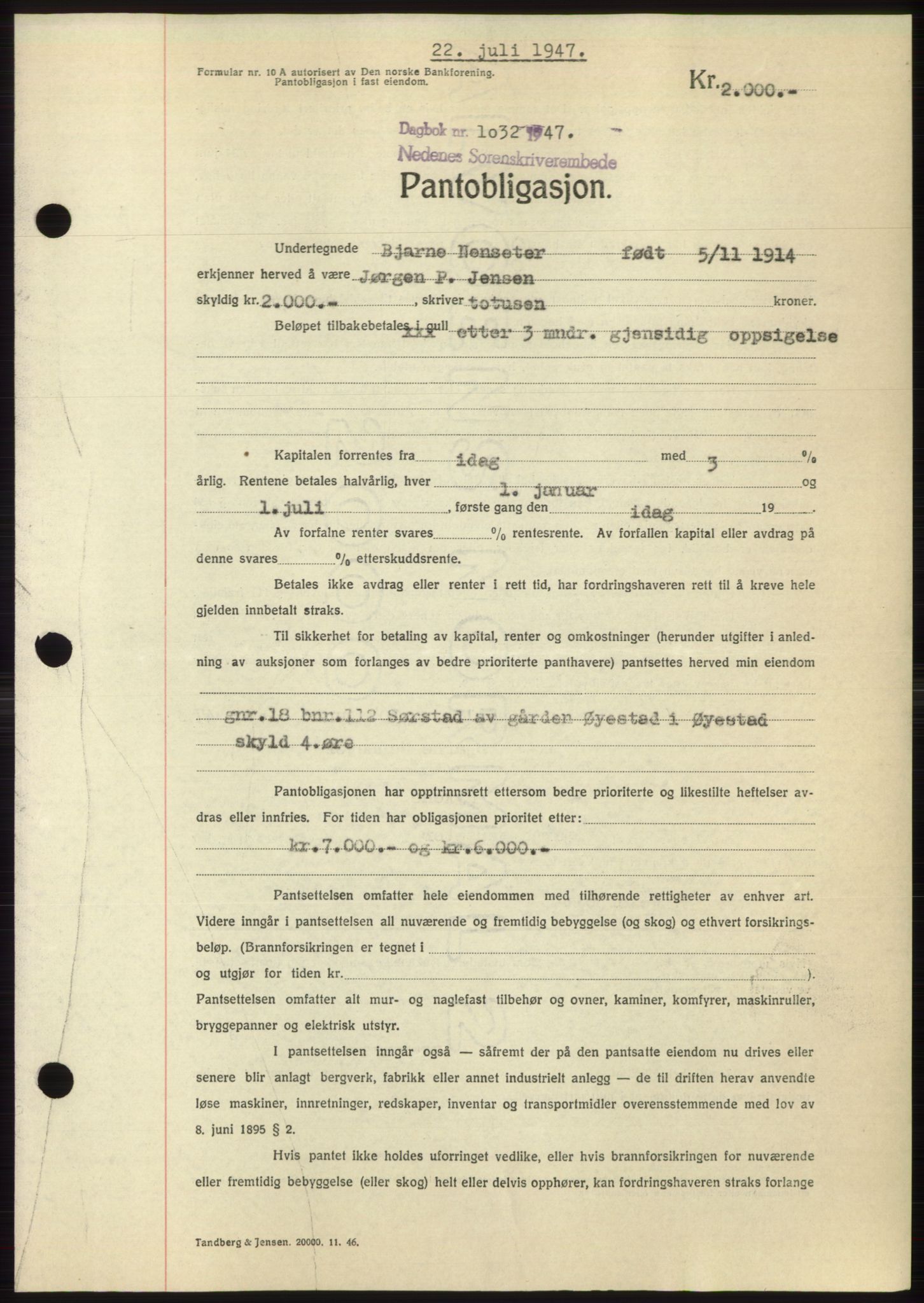 Nedenes sorenskriveri, AV/SAK-1221-0006/G/Gb/Gbb/L0004: Mortgage book no. B4, 1947-1947, Diary no: : 1032/1947