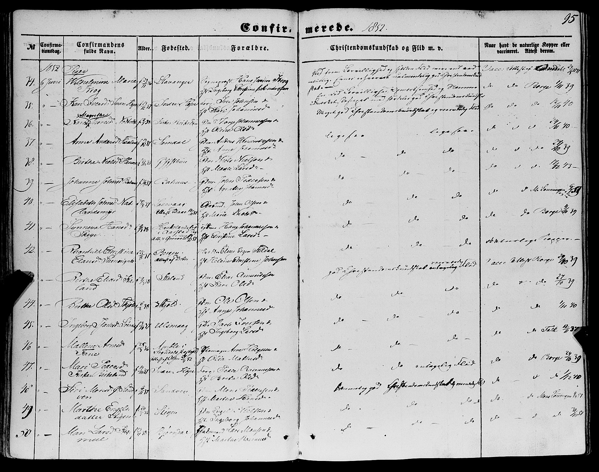 Fana Sokneprestembete, AV/SAB-A-75101/H/Haa/Haaa/L0011: Parish register (official) no. A 11, 1851-1862, p. 95