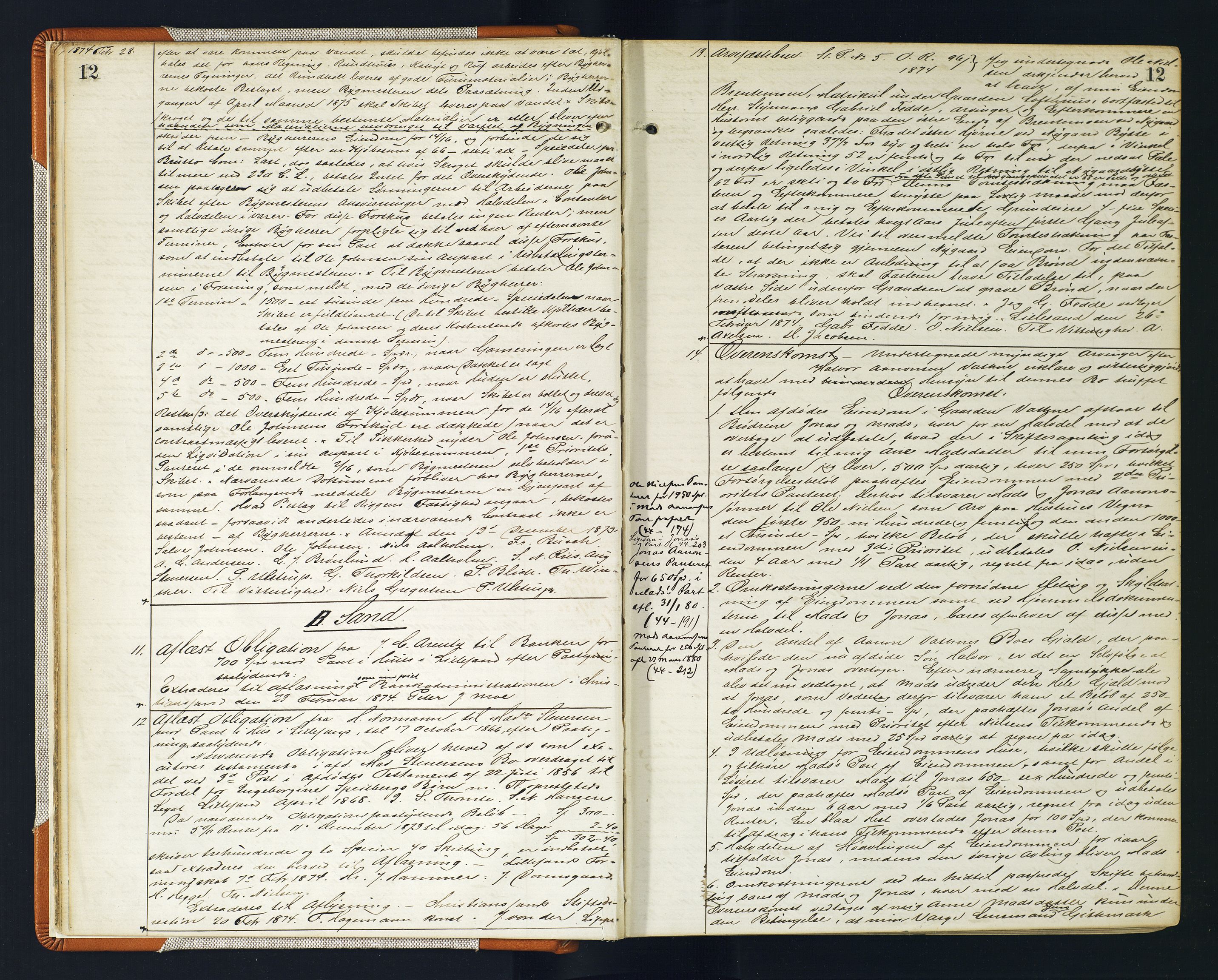 Vestre Nedenes/Sand sorenskriveri, AV/SAK-1221-0010/G/Gb/Gba/L0017: Mortgage book no. 43, 1874-1878, p. 12