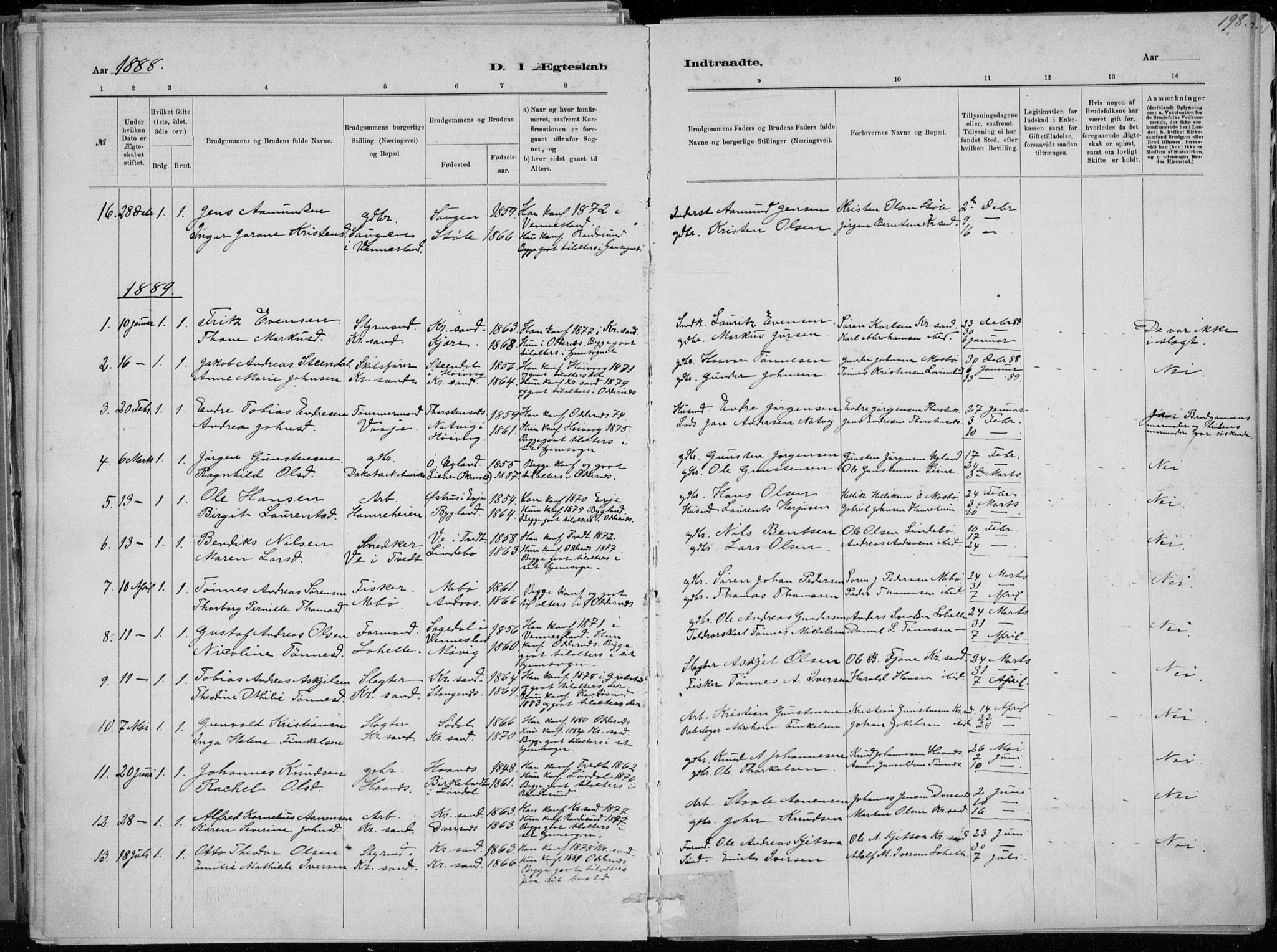 Oddernes sokneprestkontor, SAK/1111-0033/F/Fa/Faa/L0009: Parish register (official) no. A 9, 1884-1896, p. 198
