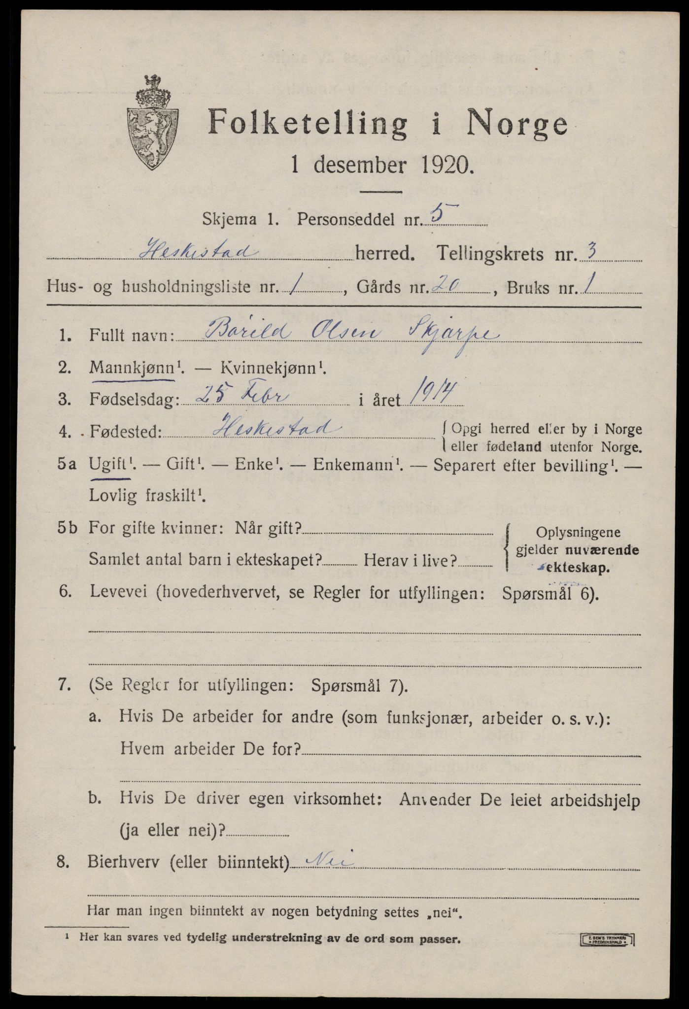 SAST, 1920 census for Heskestad, 1920, p. 945