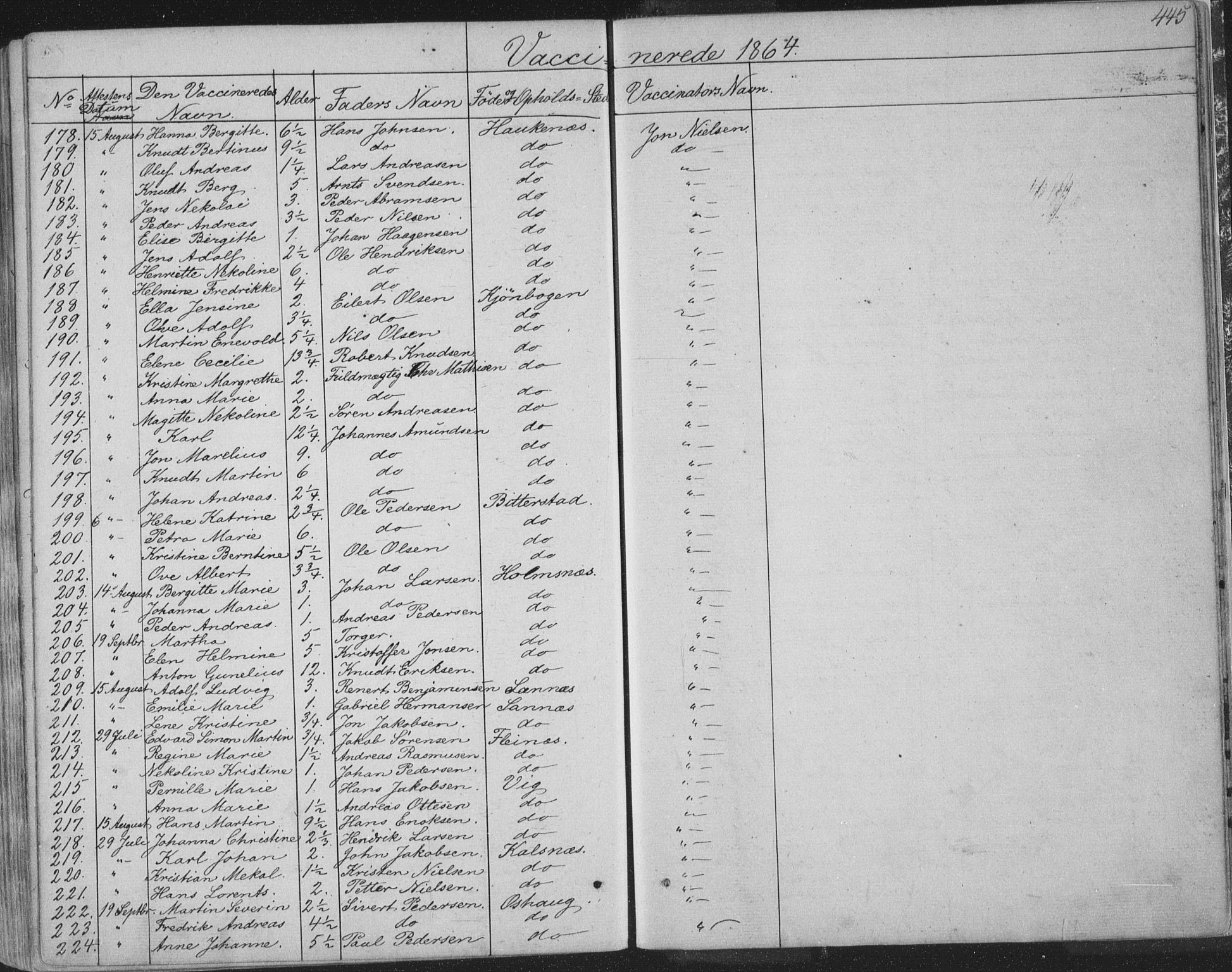 Ministerialprotokoller, klokkerbøker og fødselsregistre - Nordland, AV/SAT-A-1459/888/L1241: Parish register (official) no. 888A07, 1849-1869, p. 445