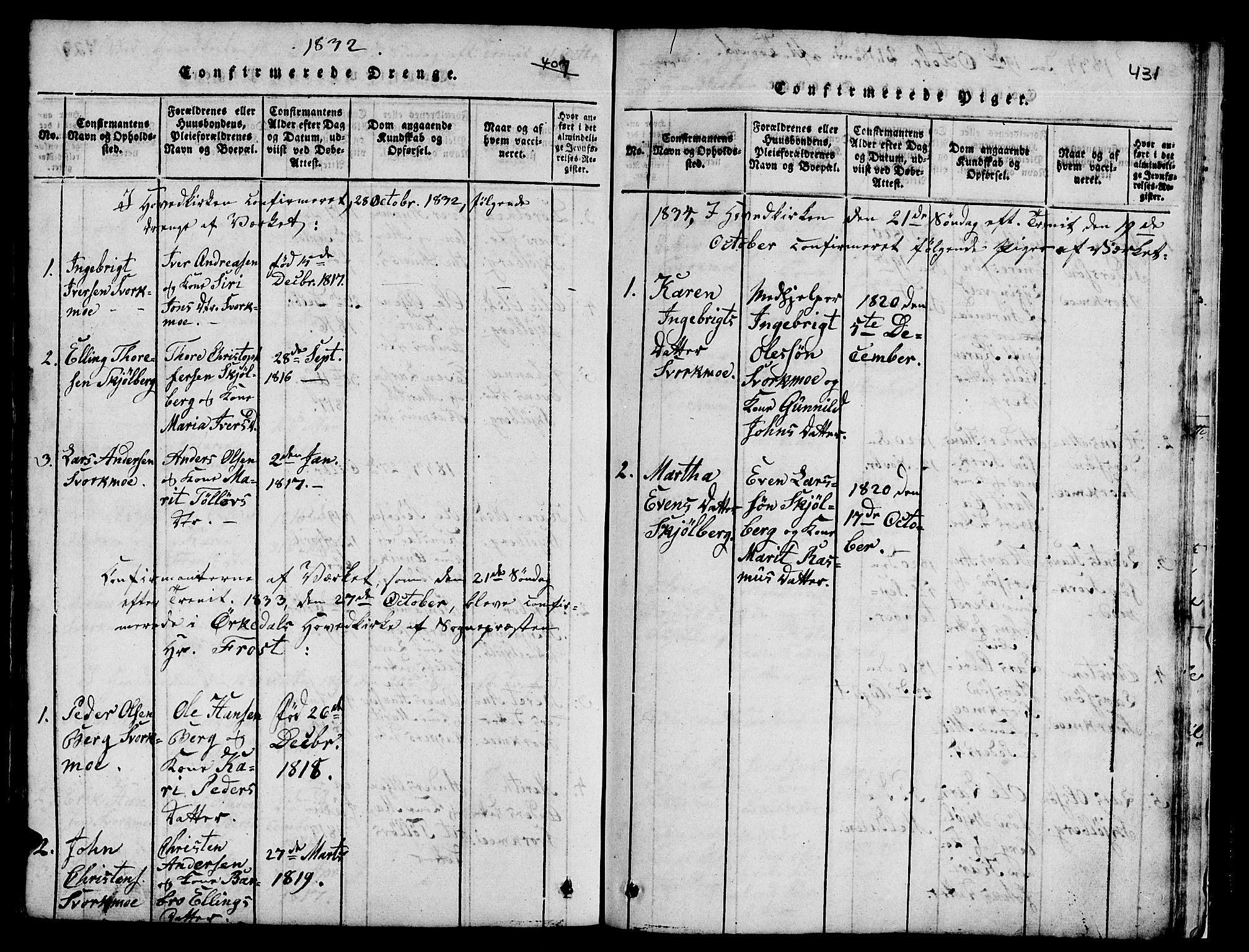 Ministerialprotokoller, klokkerbøker og fødselsregistre - Sør-Trøndelag, SAT/A-1456/671/L0842: Parish register (copy) no. 671C01, 1816-1867, p. 430-431