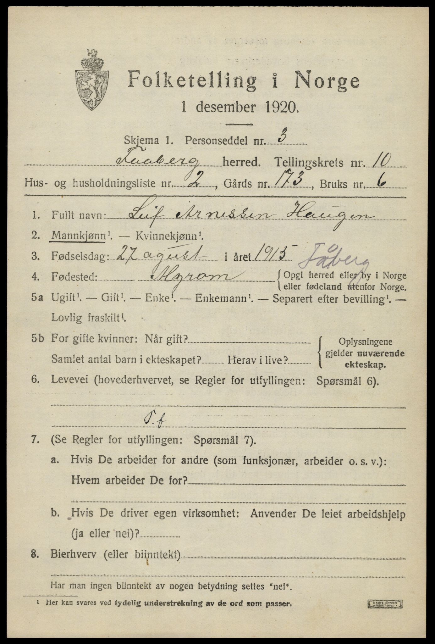 SAH, 1920 census for Fåberg, 1920, p. 11658