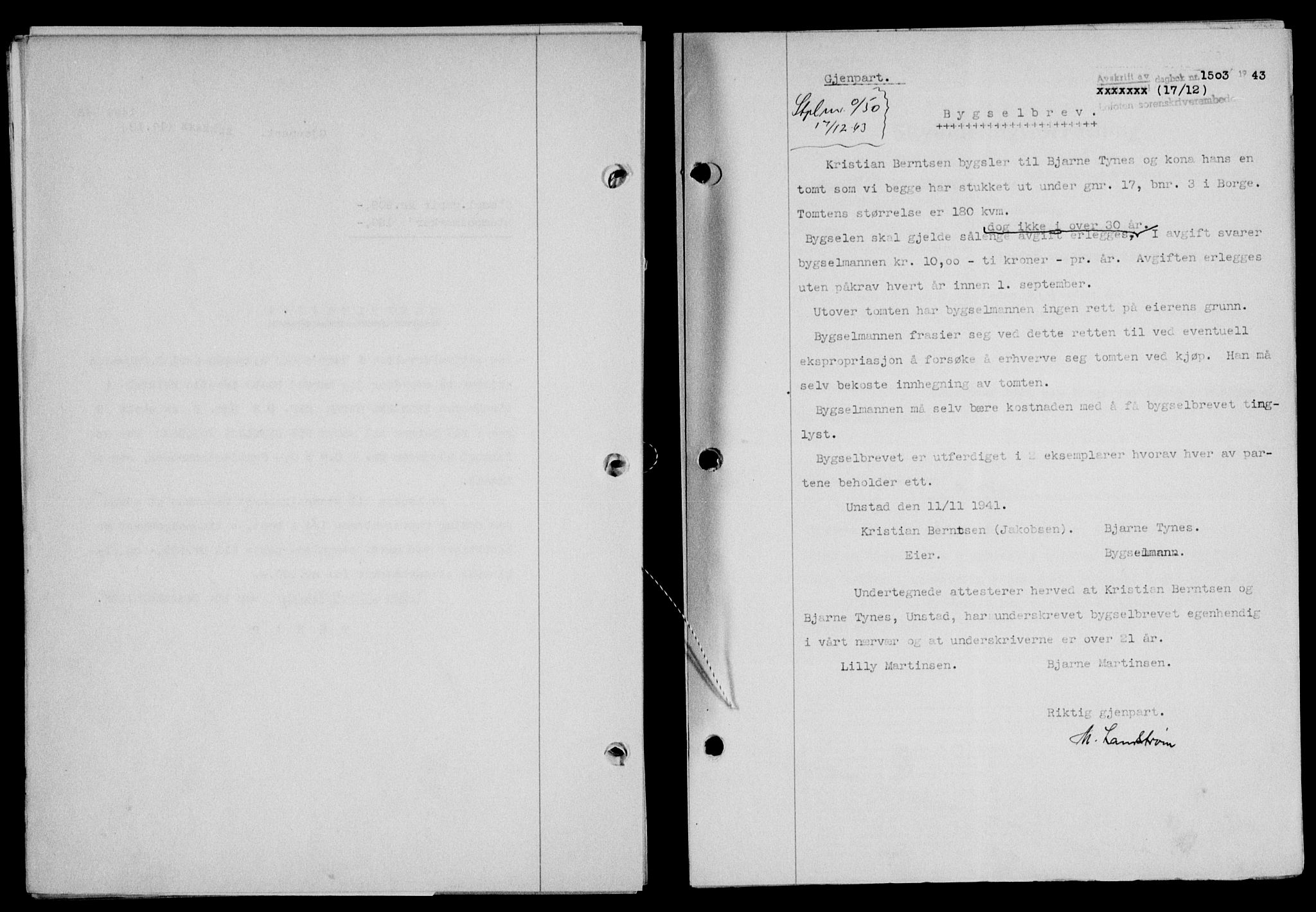Lofoten sorenskriveri, SAT/A-0017/1/2/2C/L0012a: Mortgage book no. 12a, 1943-1944, Diary no: : 1503/1943
