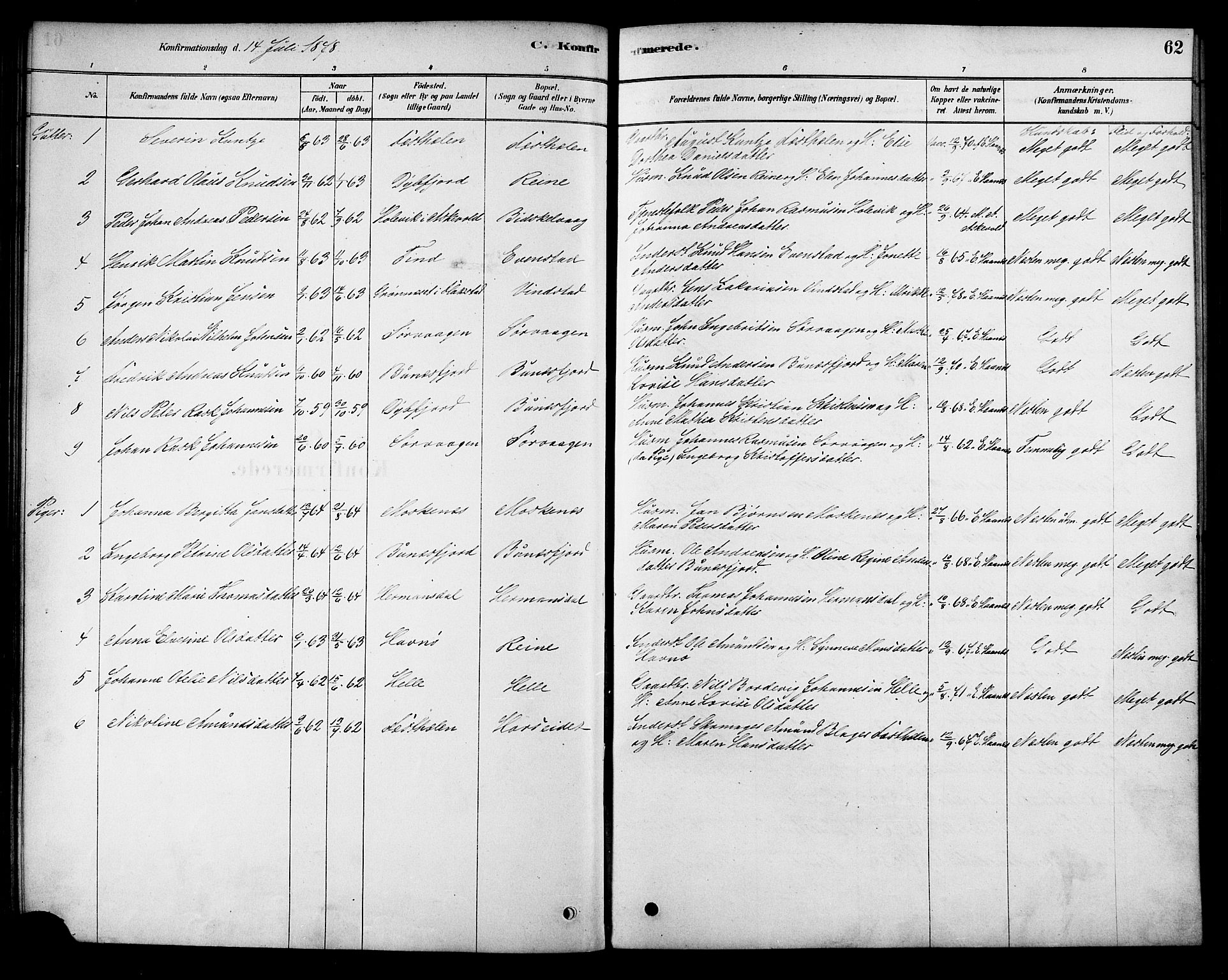 Ministerialprotokoller, klokkerbøker og fødselsregistre - Nordland, AV/SAT-A-1459/886/L1219: Parish register (official) no. 886A01, 1878-1892, p. 62